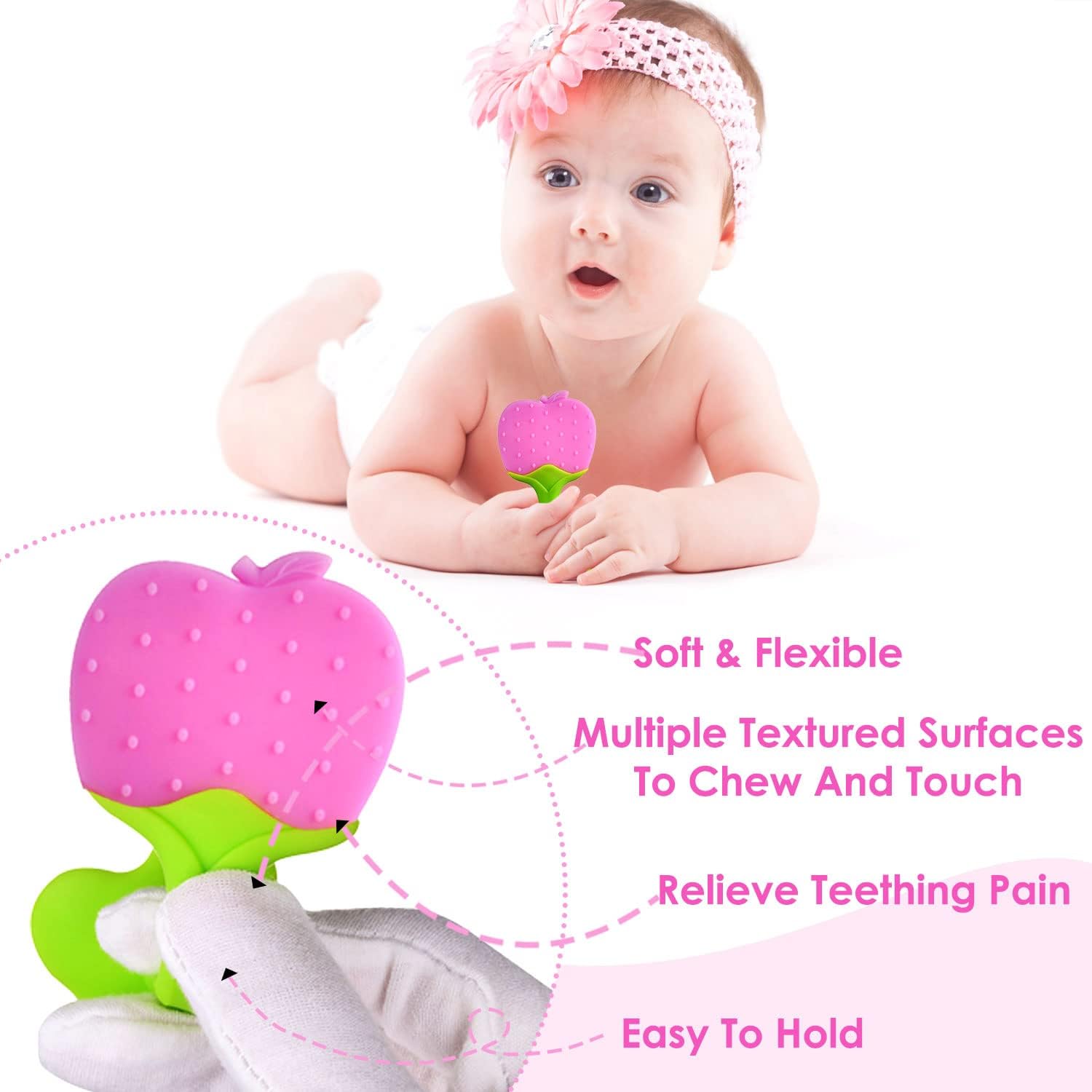 Kritiu BPA-Free Silicone Teether & Baby Spoons Set - Safe Infant Teething Toys & Feeding Utensils for Babies 6+ Months - Soft Chewable Teethers & Spoons in Pink & Peach | Perfect for Soothing Sore Gums & Introducing Solid Foods