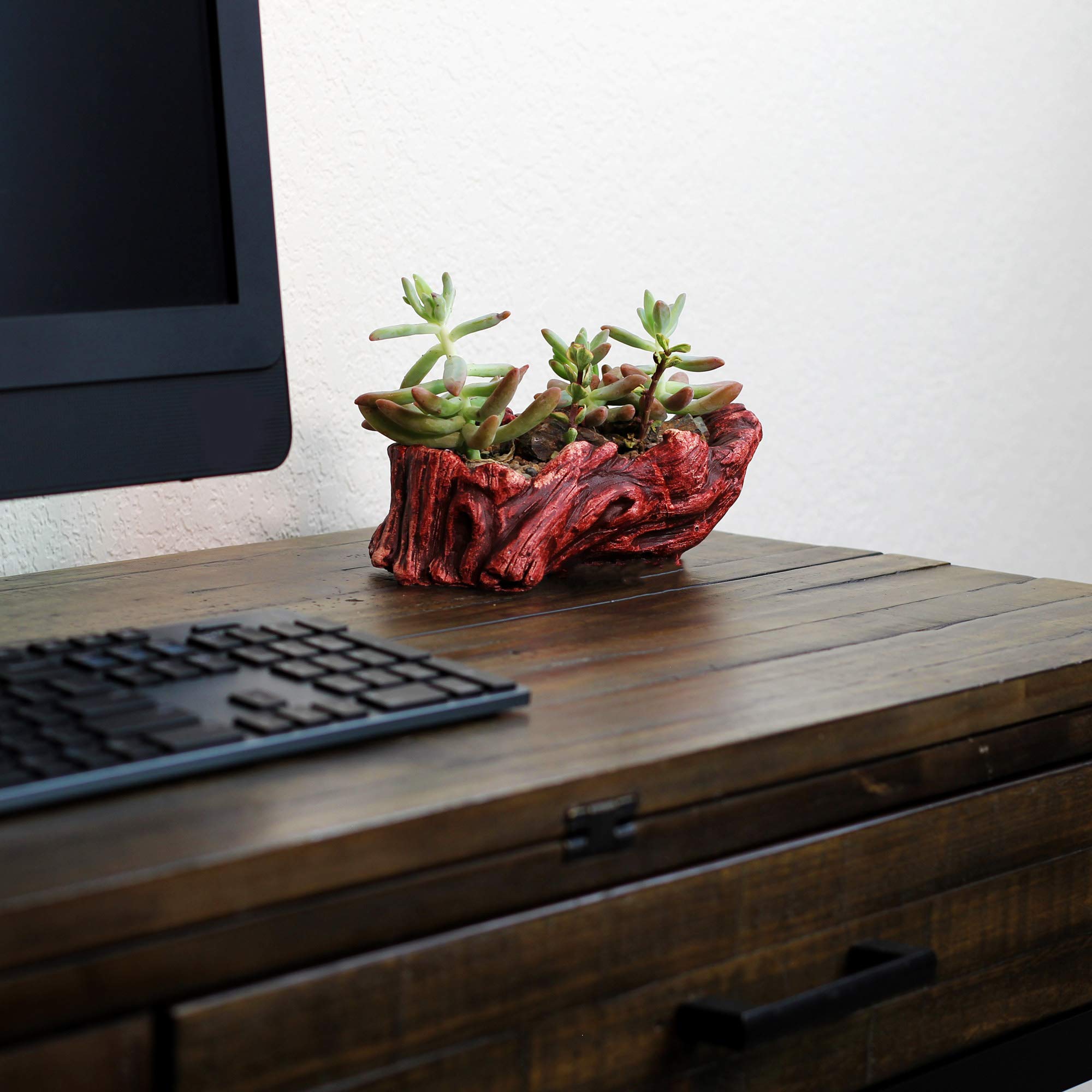 **Handmade Ceramic Wood Planter Pot - Indoor/Outdoor Log Planter for Succulents, Flowers & Small Plants (Redwood Wave) - Perfect for Home Decor, Office Desk & Garden**