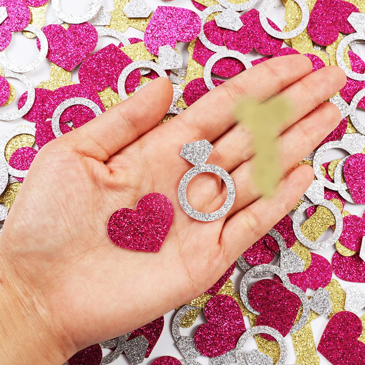 200 Pack Glitter Silver Diamond Ring & Hot Pink Heart Confetti - Bachelorette Party Decorations, Bridal Shower, Wedding & Engagement Party Supplies | Perfect for Table Scatter, Photo Backdrops & Celebration Decor