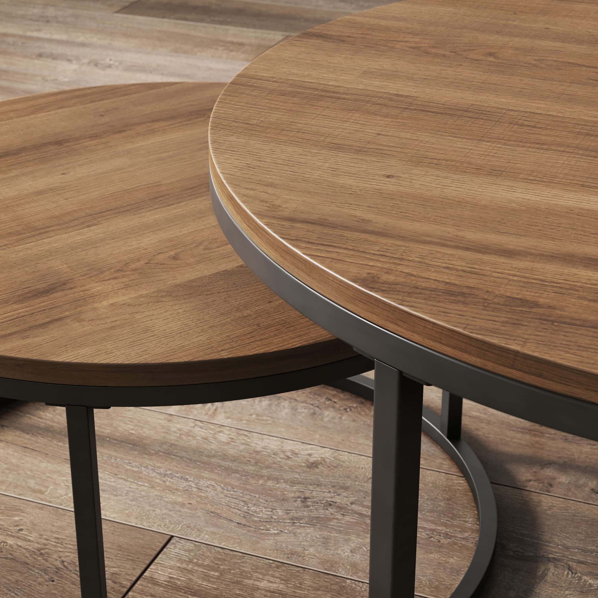 Nathan James Stella Round Modern Nesting Coffee Tables (Set of 2) - Stackable Living Room Accent Tables with Reclaimed Oak Tabletops & Matte Gunmetal Frame - Perfect for Small Spaces, Apartments and Cozy Living Rooms