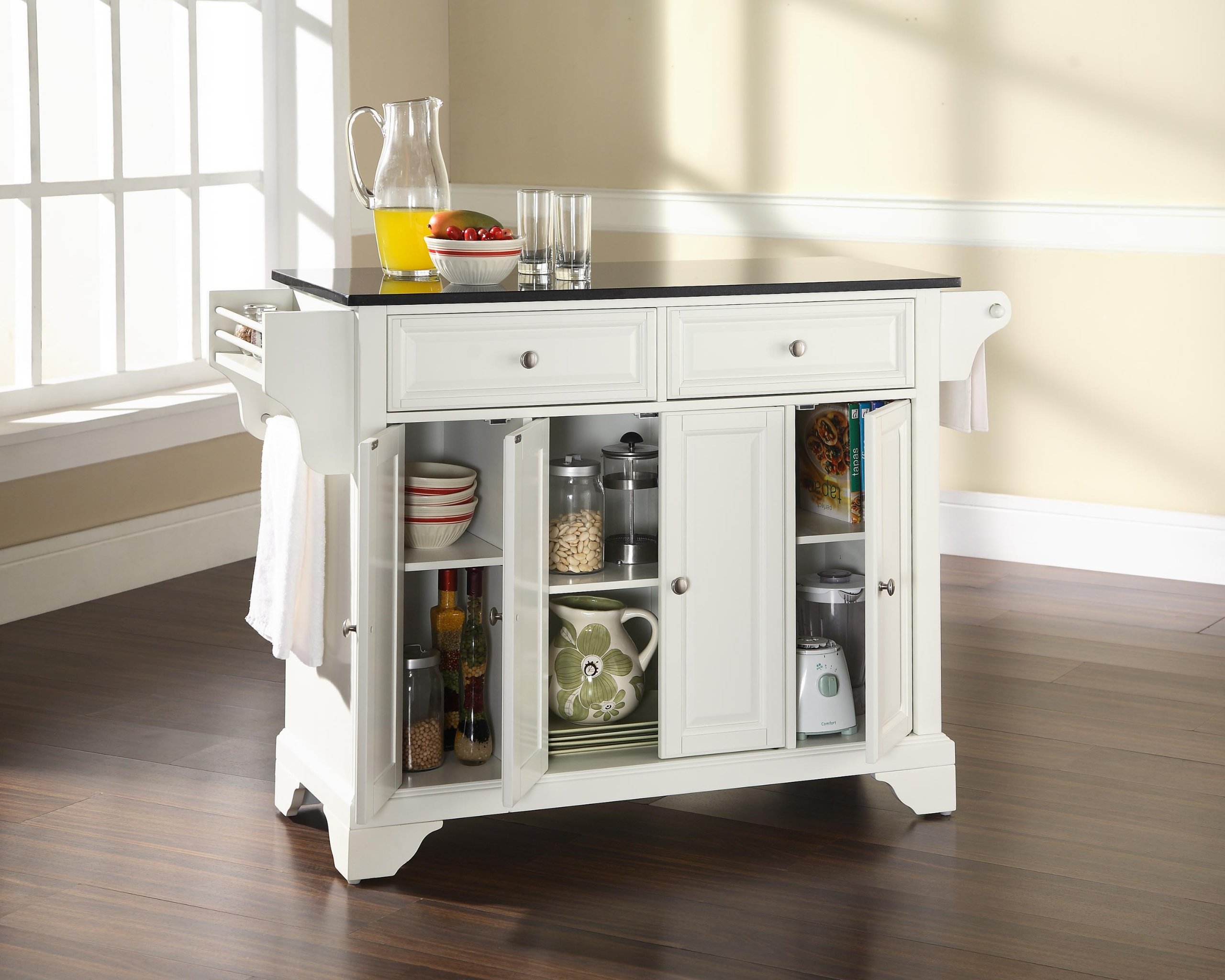 Crosley LaFayette White Granite Top Rolling Kitchen Island Cart with Storage - Microwave Stand & Spice Rack Organizer for Small Kitchen, Dining Room or Apartment