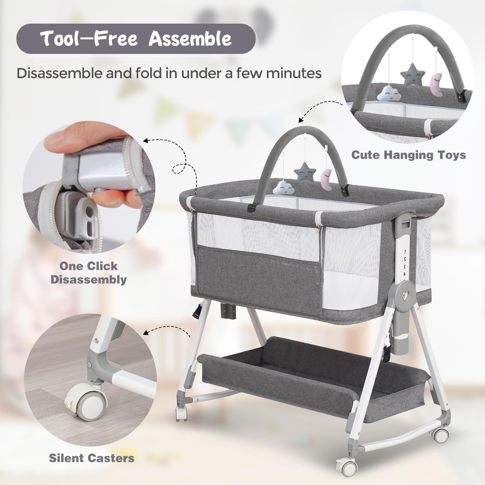 3-in-1 Foldable Baby Bassinet with Hanging Toys & Storage Basket - Adjustable Height Bedside Sleeper Crib with 4-Sided Mesh & Wheels (Light Grey) - Perfect for Nursery, Bedroom & Travel Use