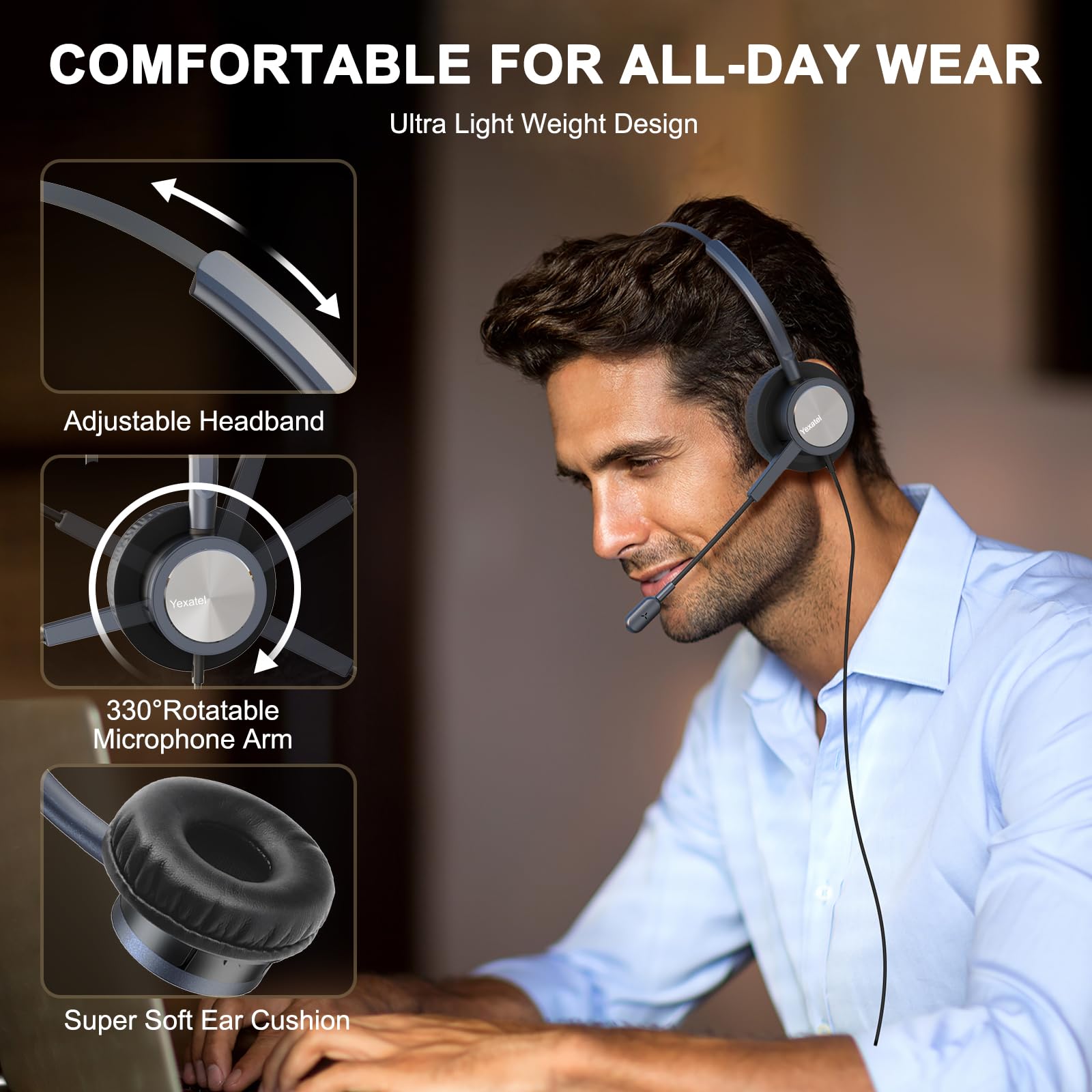 Single Ear USB Headset for PC - Lightweight Office Headset with Noise Cancelling Mic & Mute Button | Compatible with Teams, 3CX, Zoom | Perfect for Call Centers, Remote Work & Home Office (Y809BUC, Blue) | Ideal for Long Work Hours & Online Meetings