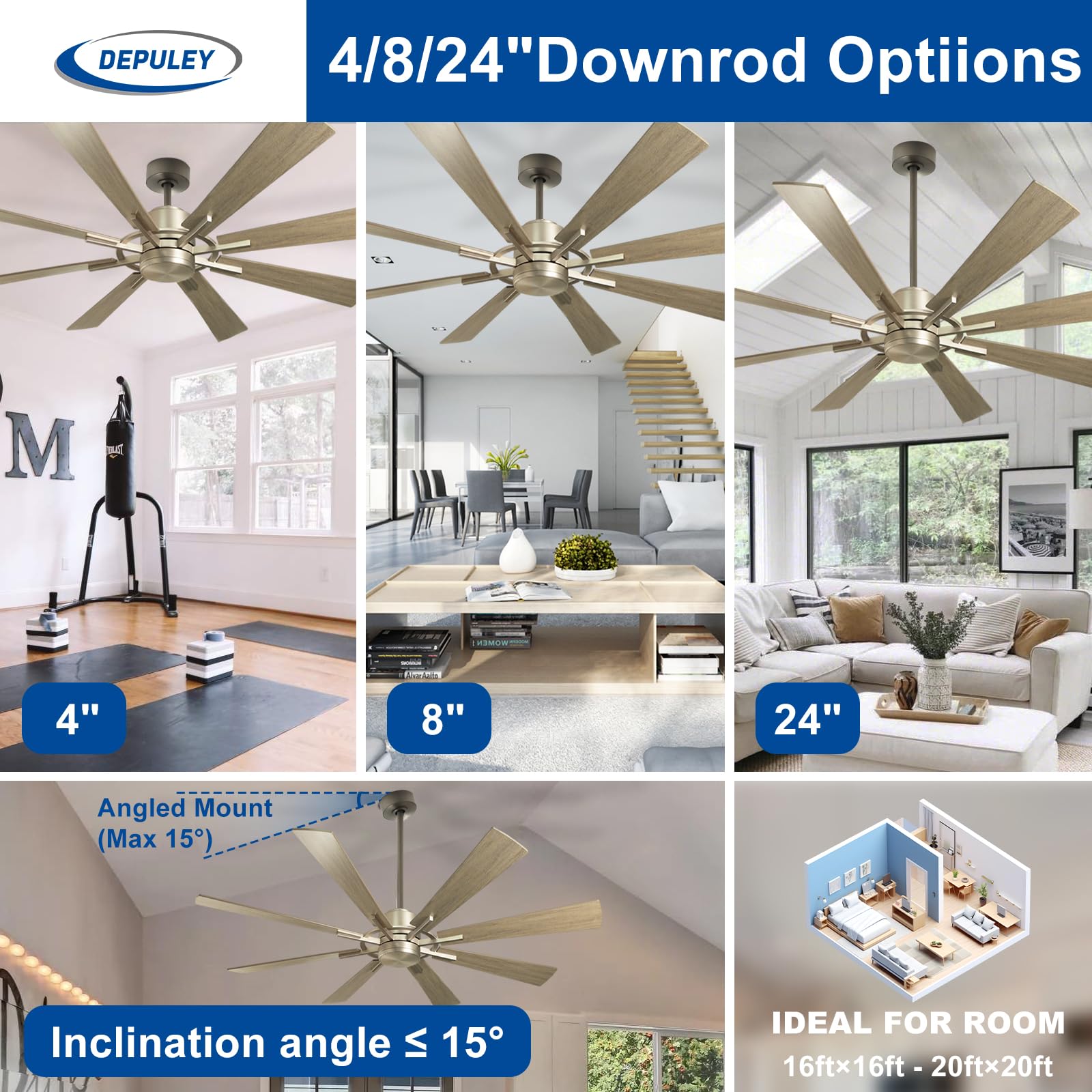 Depuley 60 Inch Smart Ceiling Fan Without Light - Remote & APP Control, Reversible 8 Blade Wood Farmhouse Fan for Indoor/Outdoor Use, Quiet DC Motor with Memory Function & Timer | Perfect for Living Rooms, Bedrooms, Patios & Large Spaces