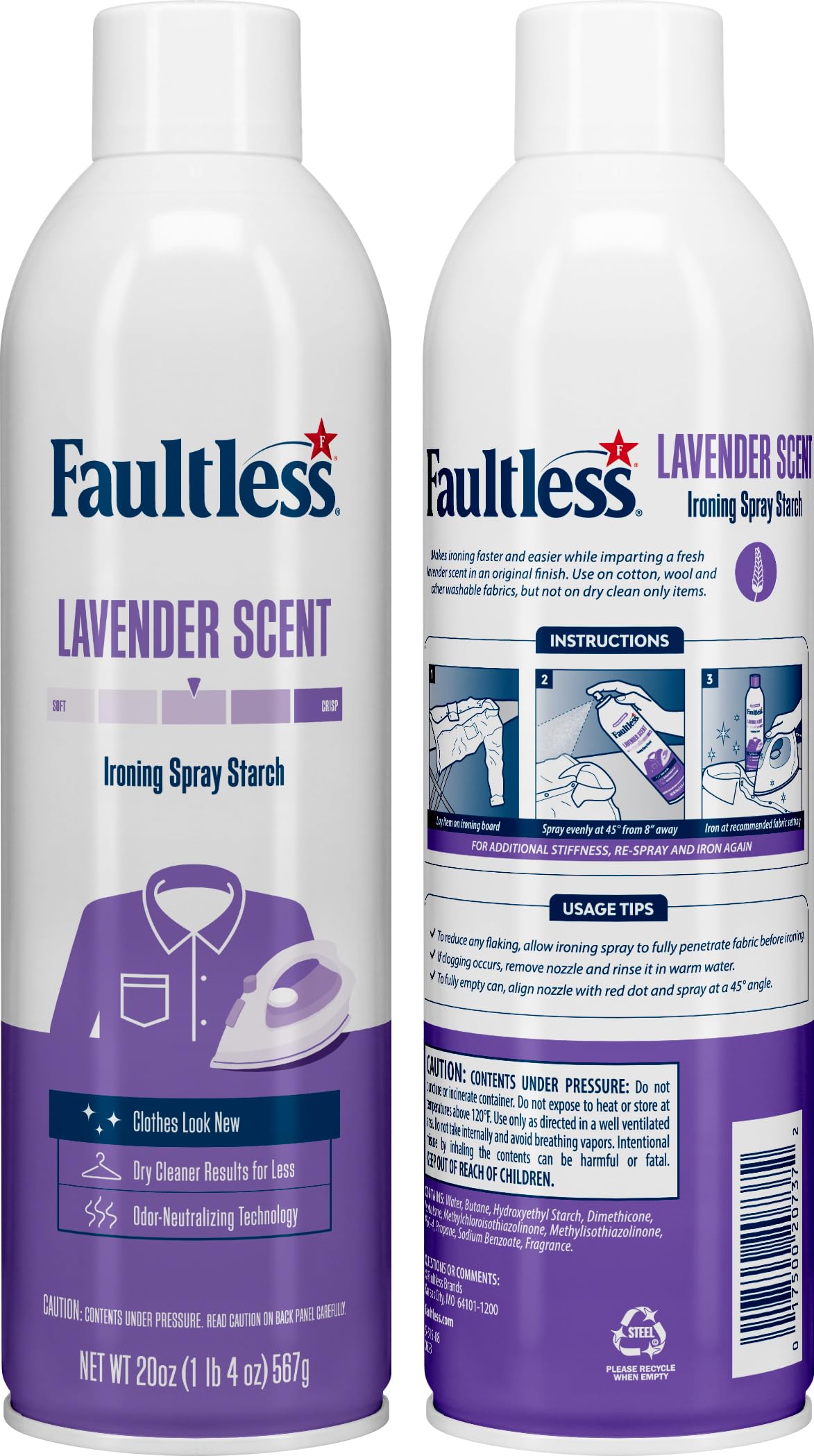 Faultless Lavender Spray Starch 20oz (Pack of 4) - No Residue Ironing Aid for Smooth Clothes & Fabrics | Perfect for Crisp Dress Shirts, Table Linens & Formal Wear