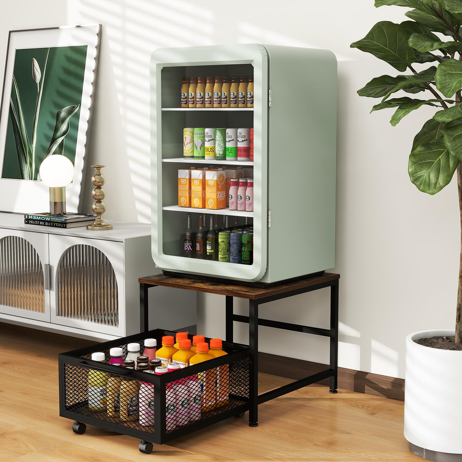Mini Fridge Stand with Storage - Rolling Cabinet Cart with Wheels, Heavy Duty Refrigerator Table Shelf for Dorm, Home & Office | Perfect for Small Spaces, Bedrooms & Retro Decor
