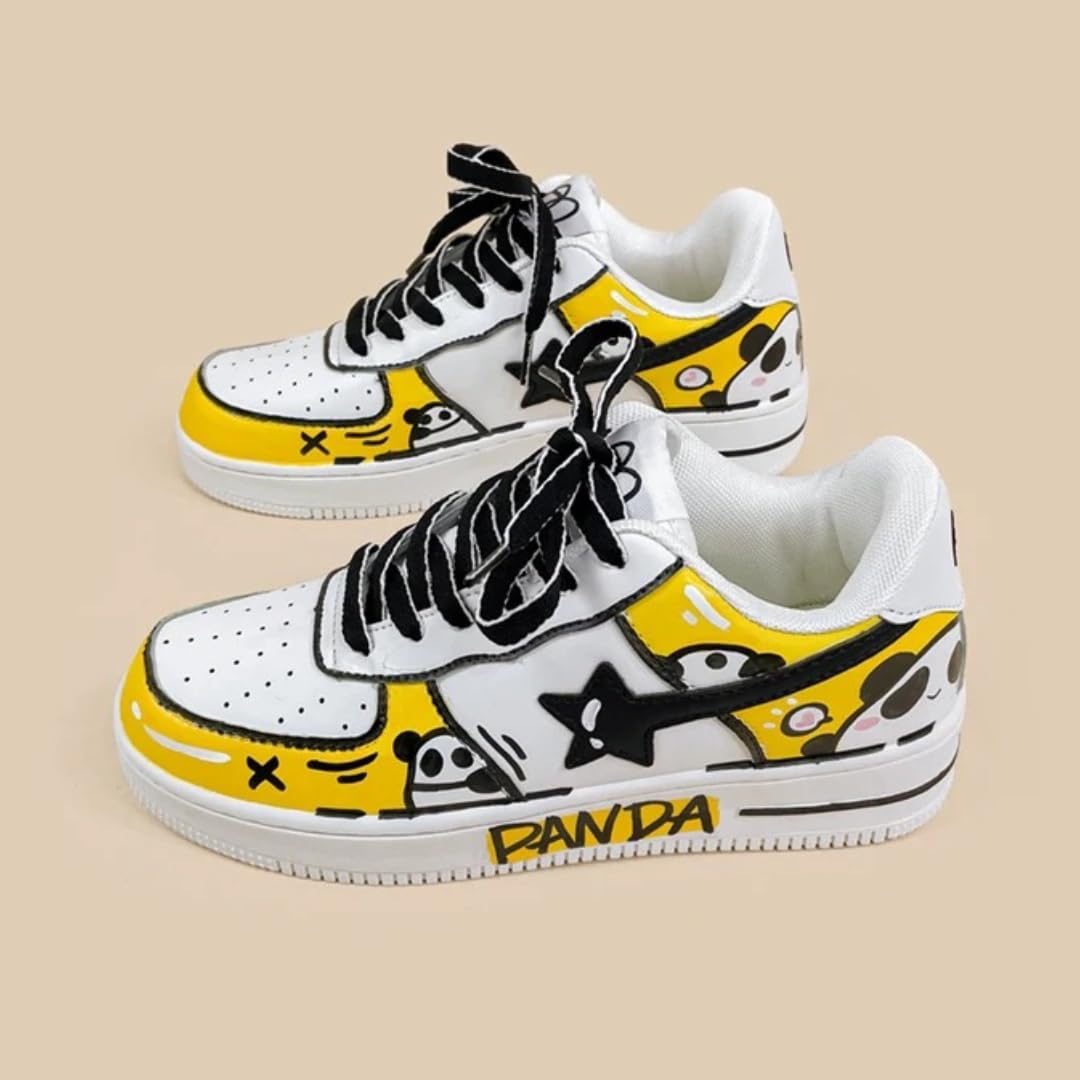 Bobo's House Unisex Hand-Painted Panda Sneakers - Yellow & White Chunky Vegan Leather Fashion Shoes for Women & Men | Comfortable Walking Shoes, Kawaii Accessories | Perfect for Casual Wear, Street Fashion & Anime Conventions