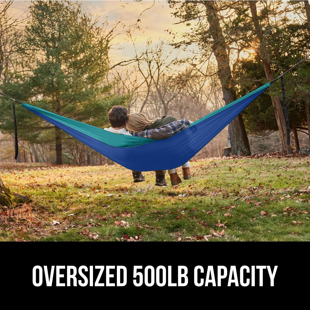 GORILLA GRIP Heavy Duty Camping Hammock - 400lb Capacity with Reinforced Tree Straps, Portable Travel Swing for Outdoor Adventures (10x6.5 FT, Blue) - Perfect for Backpacking, Beach Trips & Backyard Relaxation