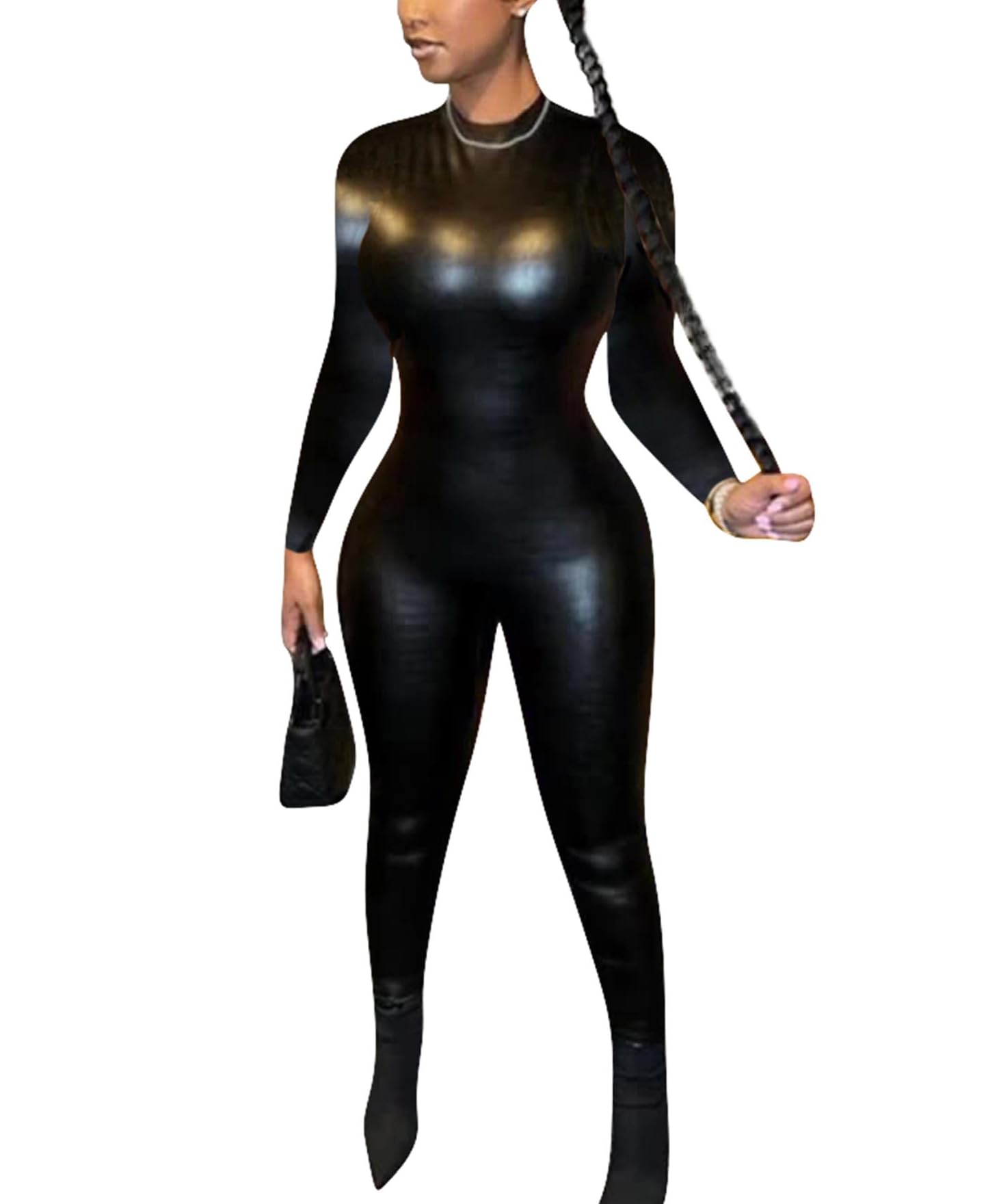 KSOTUTM Women's Sexy Black Leather Long Sleeve Jumpsuit - Bodycon One Piece Romper for Party, Club, Night Out & Date Night Outfits