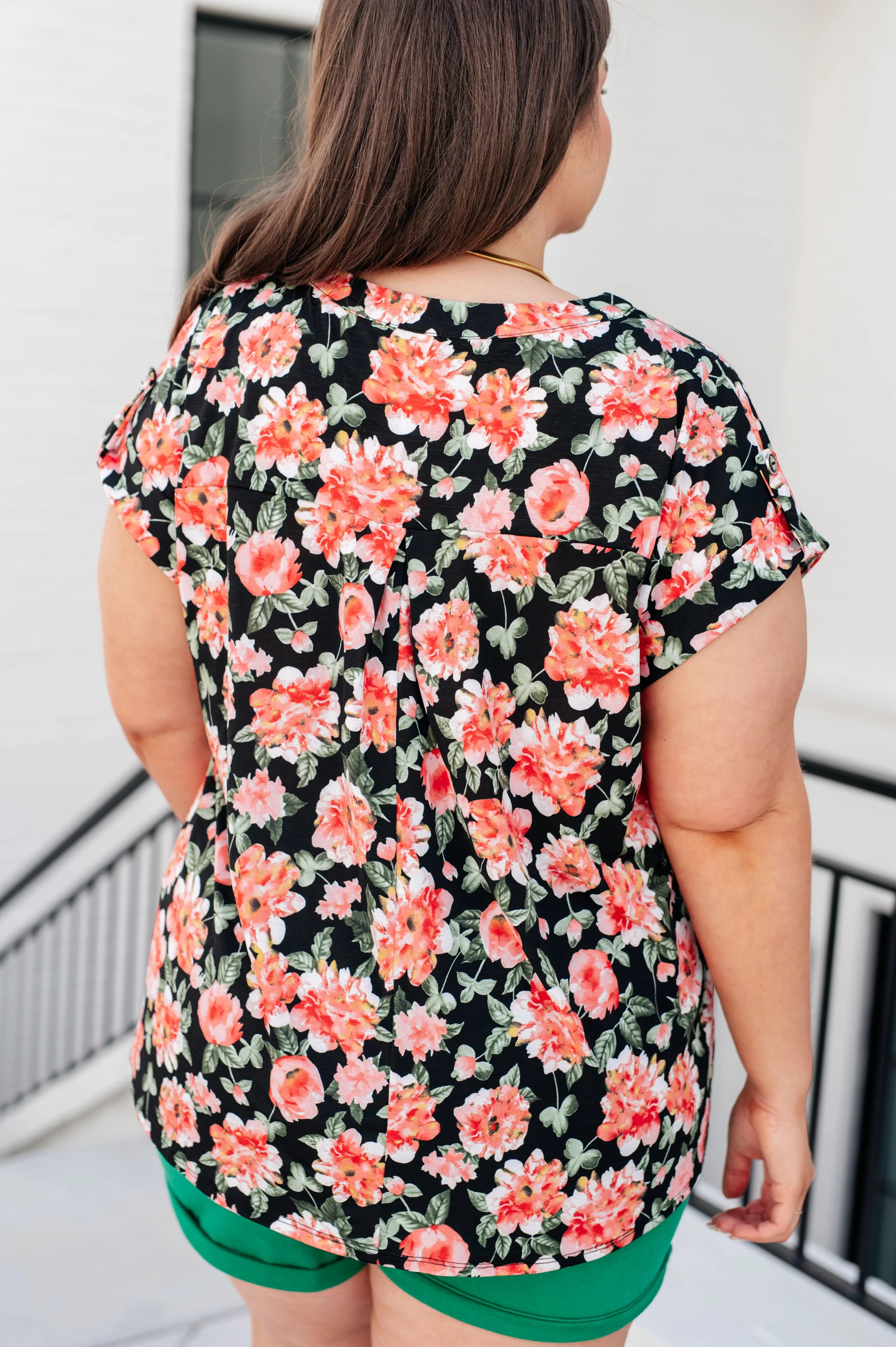 Lizzy Cap Sleeve Women's Blouse - Floral Print Black & Coral Top for Casual Wear, Office, and Date Night Outfits