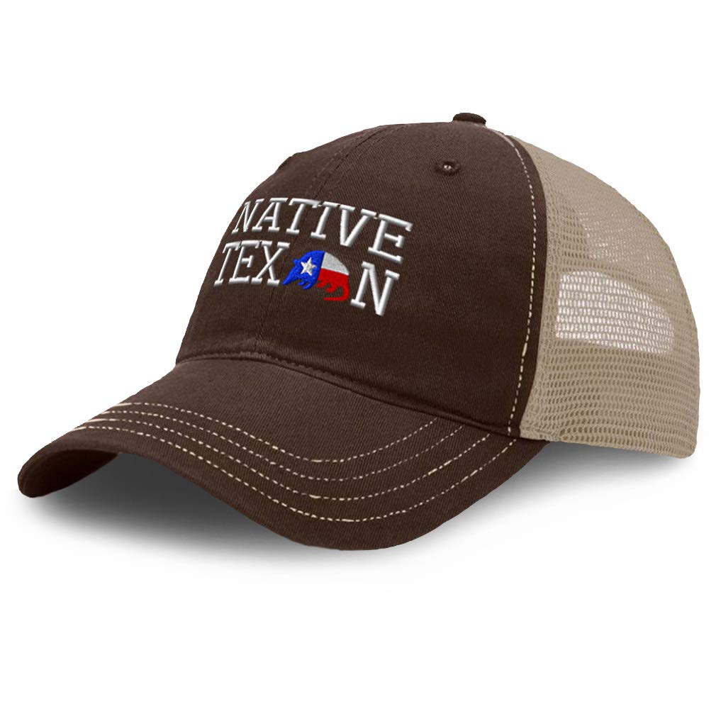 Richardson Trucker Mesh Hat - Native Texan Embroidery Cotton Snapback Dad Cap for Men & Women (Brown/Khaki) | Casual Outdoor Wear, Road Trips & Country Music Festivals