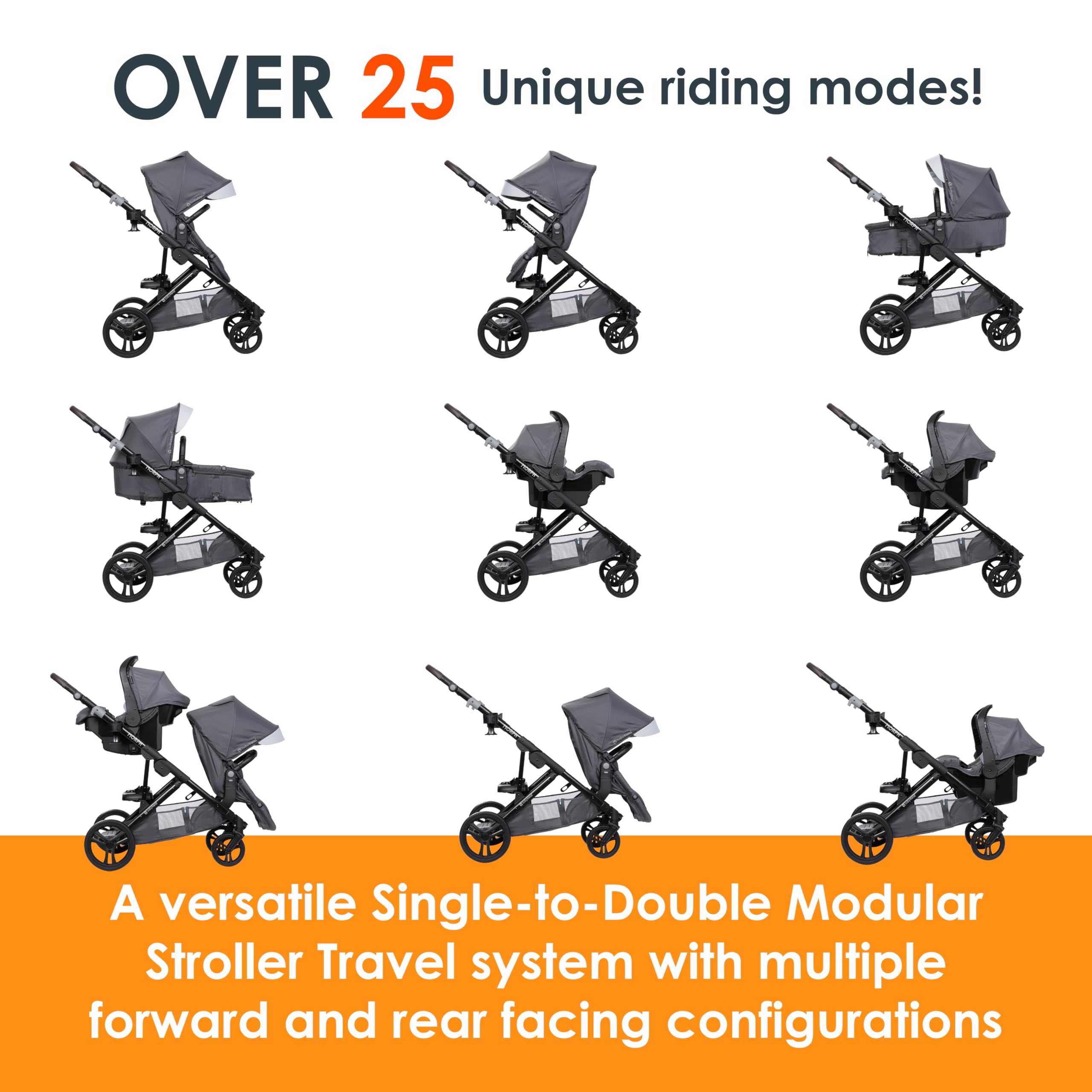 Baby Trend Morph Single to Double Modular Stroller Travel System with EZ-Lift™ PLUS Infant Car Seat - Dash Grey | Convertible Stroller for Twins or Siblings | Perfect for Shopping, Travel & Everyday Use