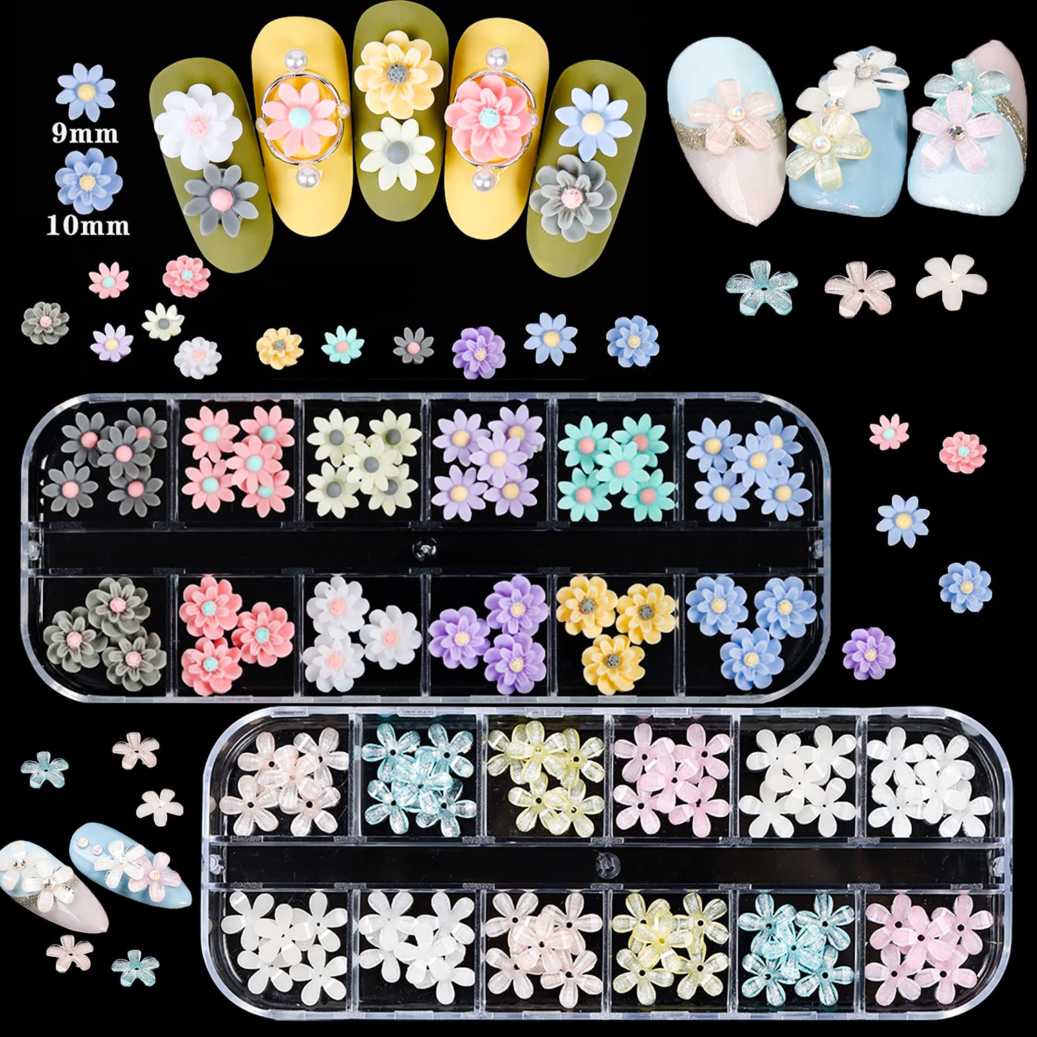 JERCLITY 2 Boxes 3D Flower Nail Charms - Colorful Daisy & Sunflower Nail Art Studs for Acrylic Nails - Nail Salon Accessories for Women & Girls - Perfect for DIY Nail Art, Manicures, and Special Occasions