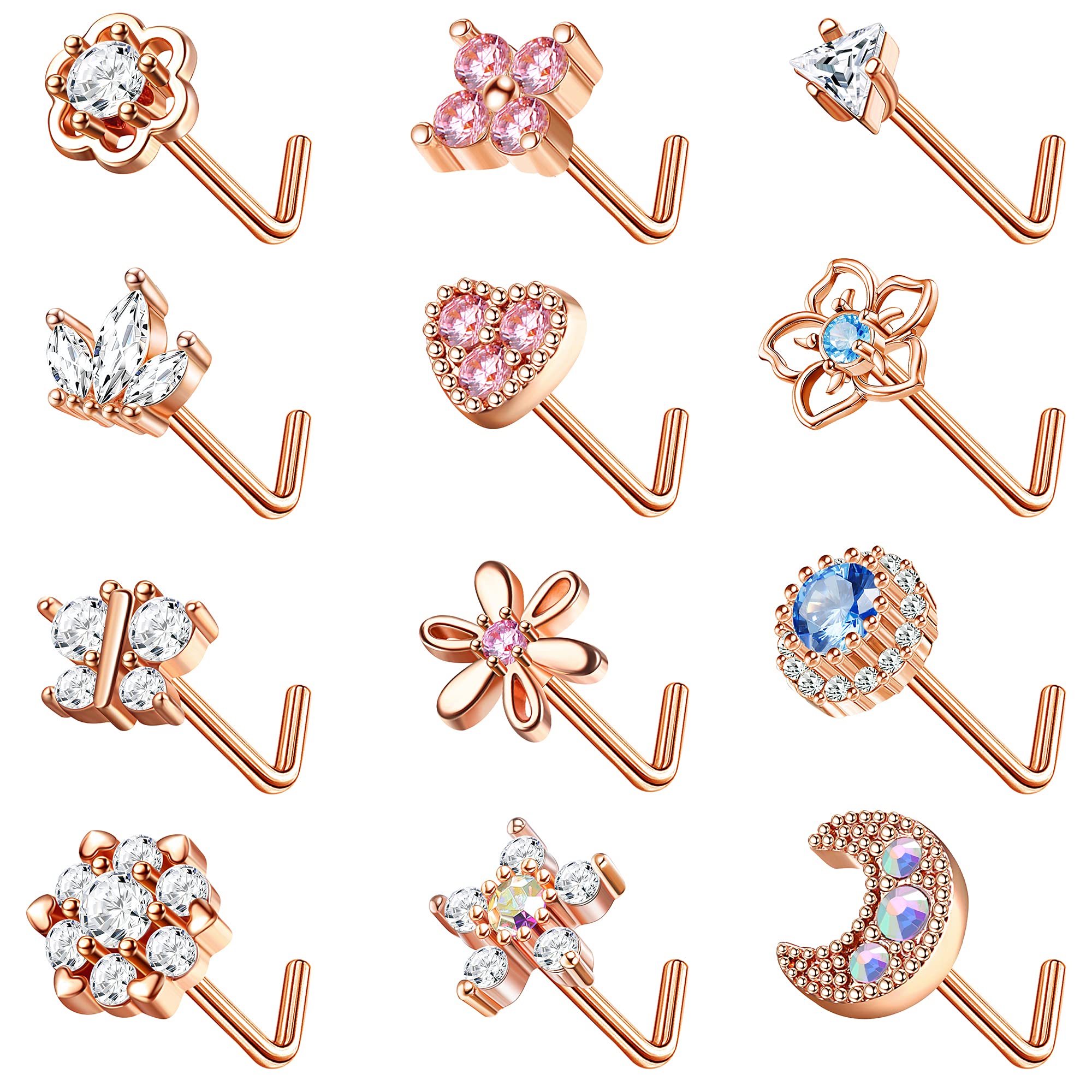 12Pcs Stainless Steel Nose Rings - L-Shaped Studs for Men & Women | Body Piercing Jewelry for Parties & Daily Wear