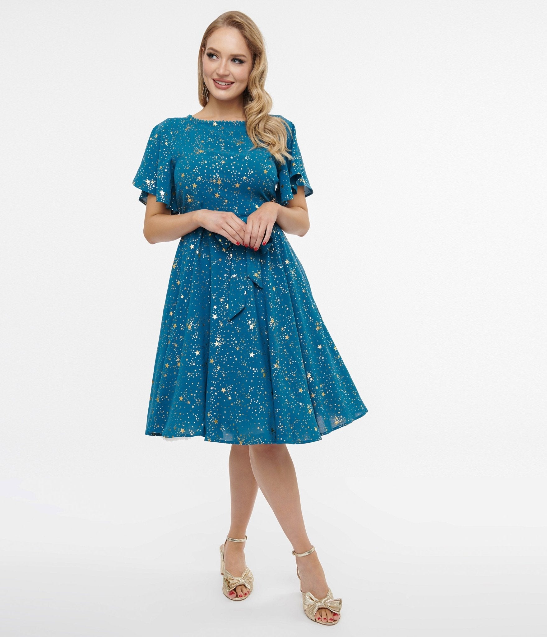 **Vintage 1930s Teal & Gold Star Swing Dress - Retro Flapper Dress for Women - Perfect for Gatsby Parties, Themed Events & Vintage Fashion Lovers**