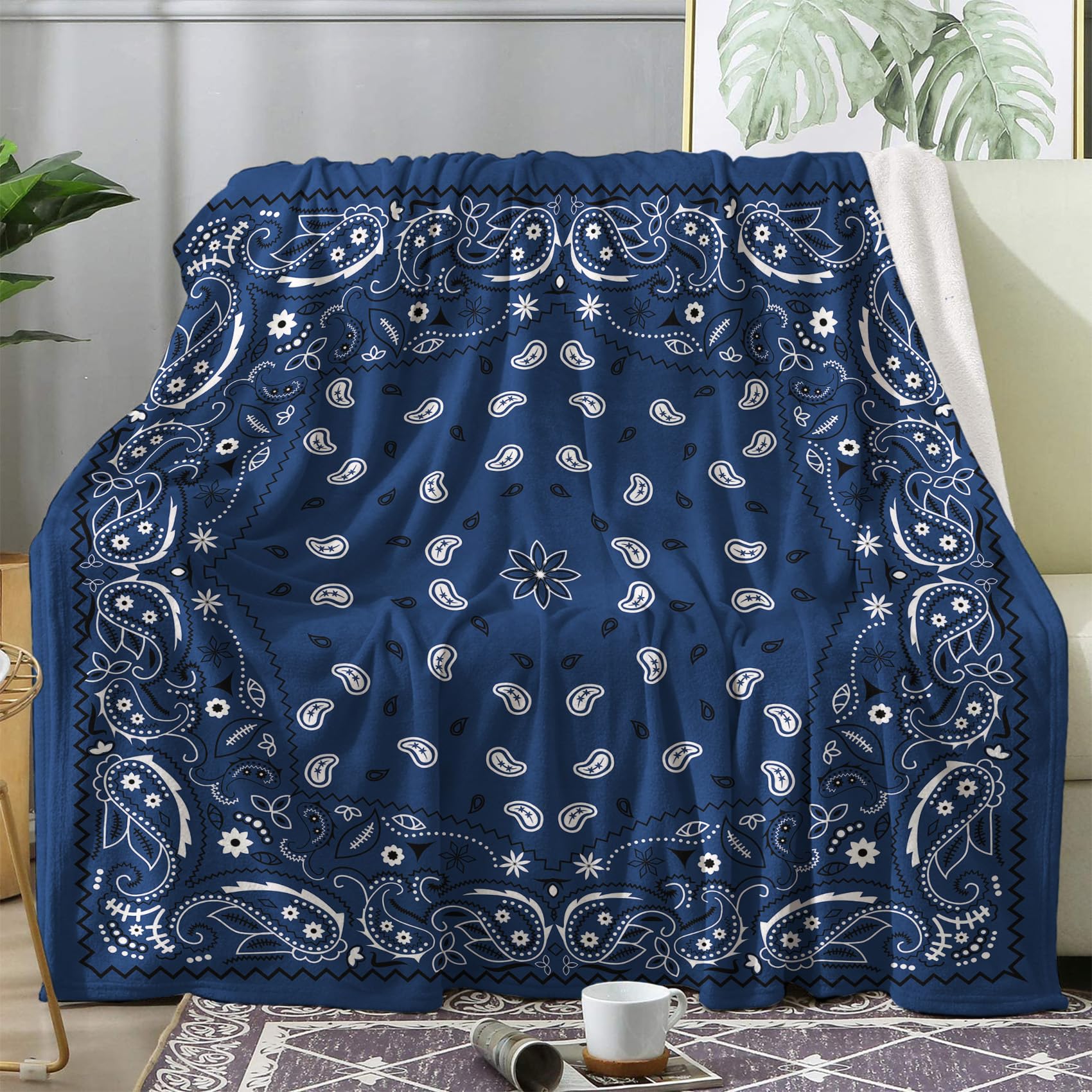 King Size Blue Bandana Fleece Throw Blanket - Ultra Soft Plush Flannel Blanket 108x90 Inches for Bed, Couch & Sofa | Paisley Design Cozy Blanket for Bedroom Decor, Camping, Picnics & Gift Giving