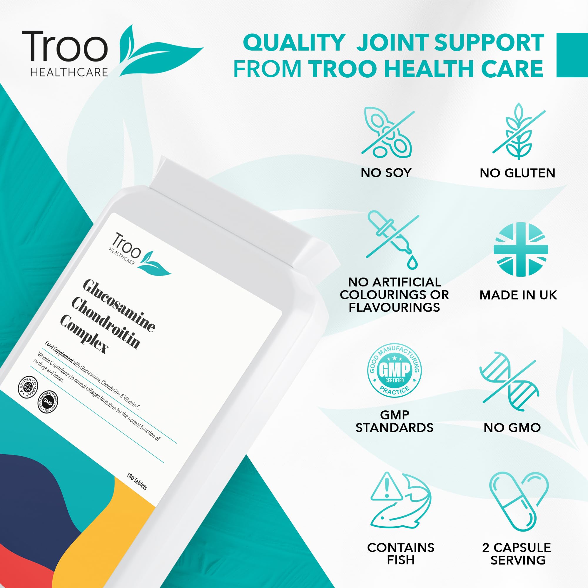 Troo Health Care Glucosamine Chondroitin Complex with Vitamin C - 180 Tablets - Supports Joint Health, Collagen Formation & Bone Strength - UK Made GMP Certified Supplement for Active Adults & Seniors - Ideal for Post-Workout Recovery & Daily Joint Support