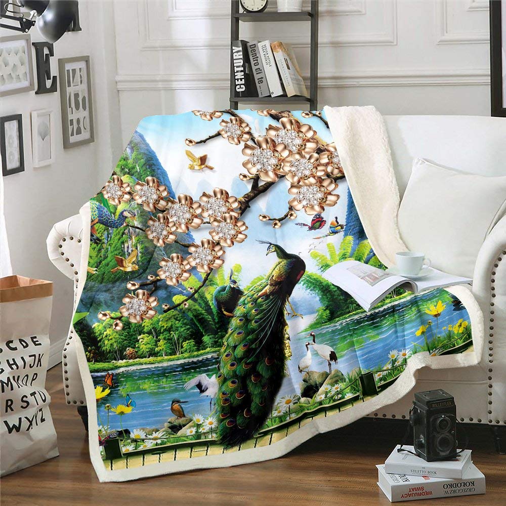 Peacock Sherpa Fleece Blanket 60x80 Inches - Exotic Floral Birds & Tropical Woods Design, Soft Fuzzy Throw for Sofa, Bed, or Decor - Perfect for Cozy Evenings, Gifts, and Home Styling