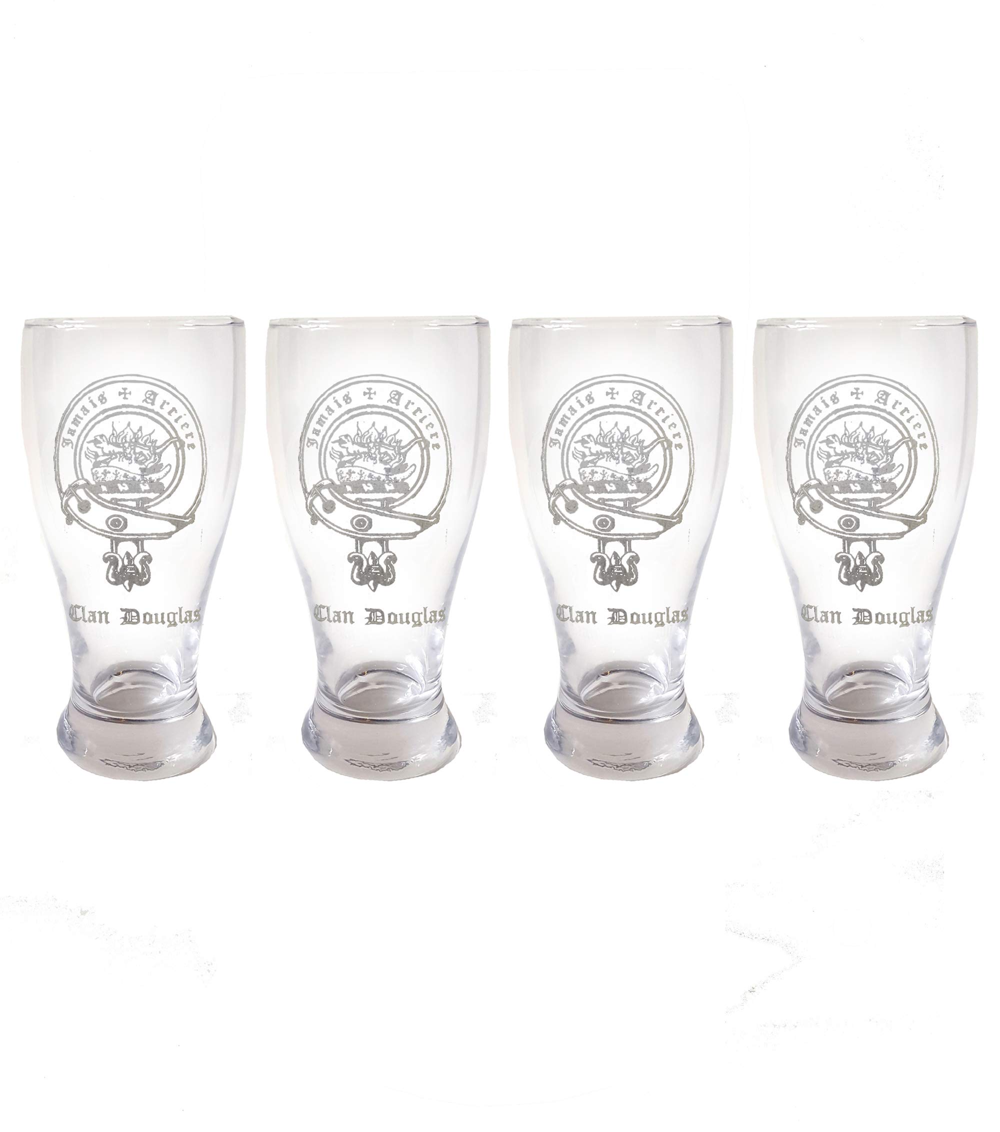 Clan Douglas Scottish Crest Pint Glass Set of 4 - Personalized Engraved Family Crest Pub Beer Glasses for St. Patrick's Day, Scottish Weddings & Home Bar Decor