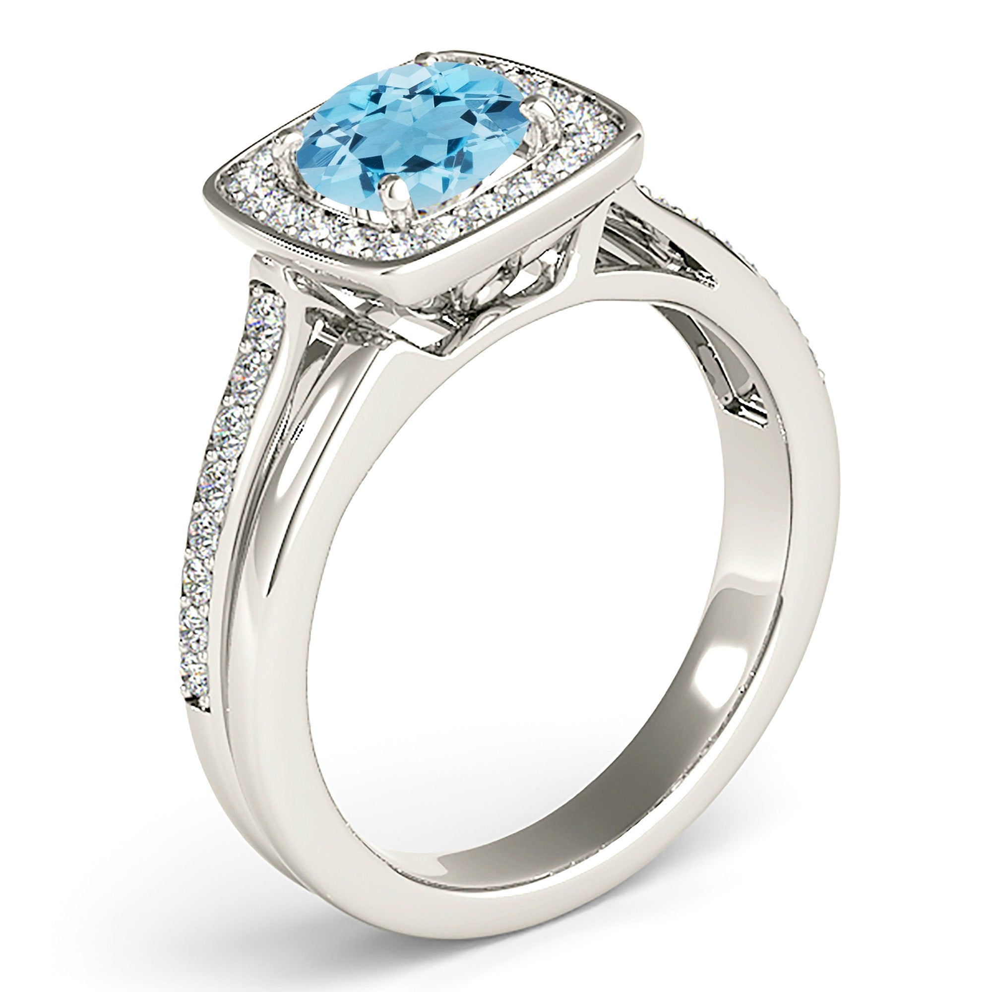 1.10 ct Genuine Round Aquamarine Ring with Bezel Set Square Halo - Elegant Birthstone Jewelry for Women, Perfect for Engagement, Anniversary & Special Occasions