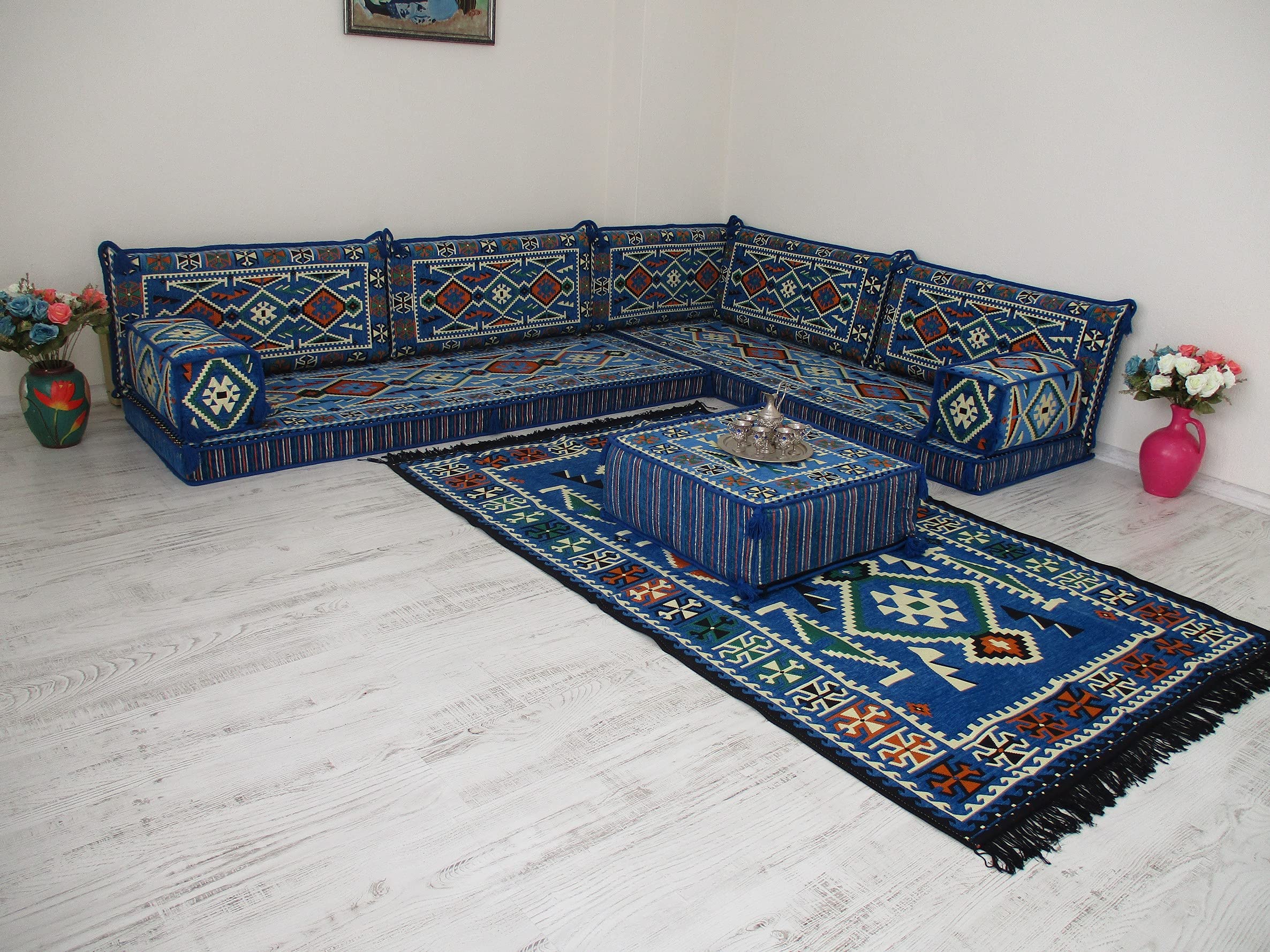 L-Shaped Arabic Majlis Sofa for Living Room - Traditional Corner Jalsa Seating with Cushions | Modern Arabic Couches & Loveseat for Home Decor | Perfect for Family Gatherings & Cultural Events