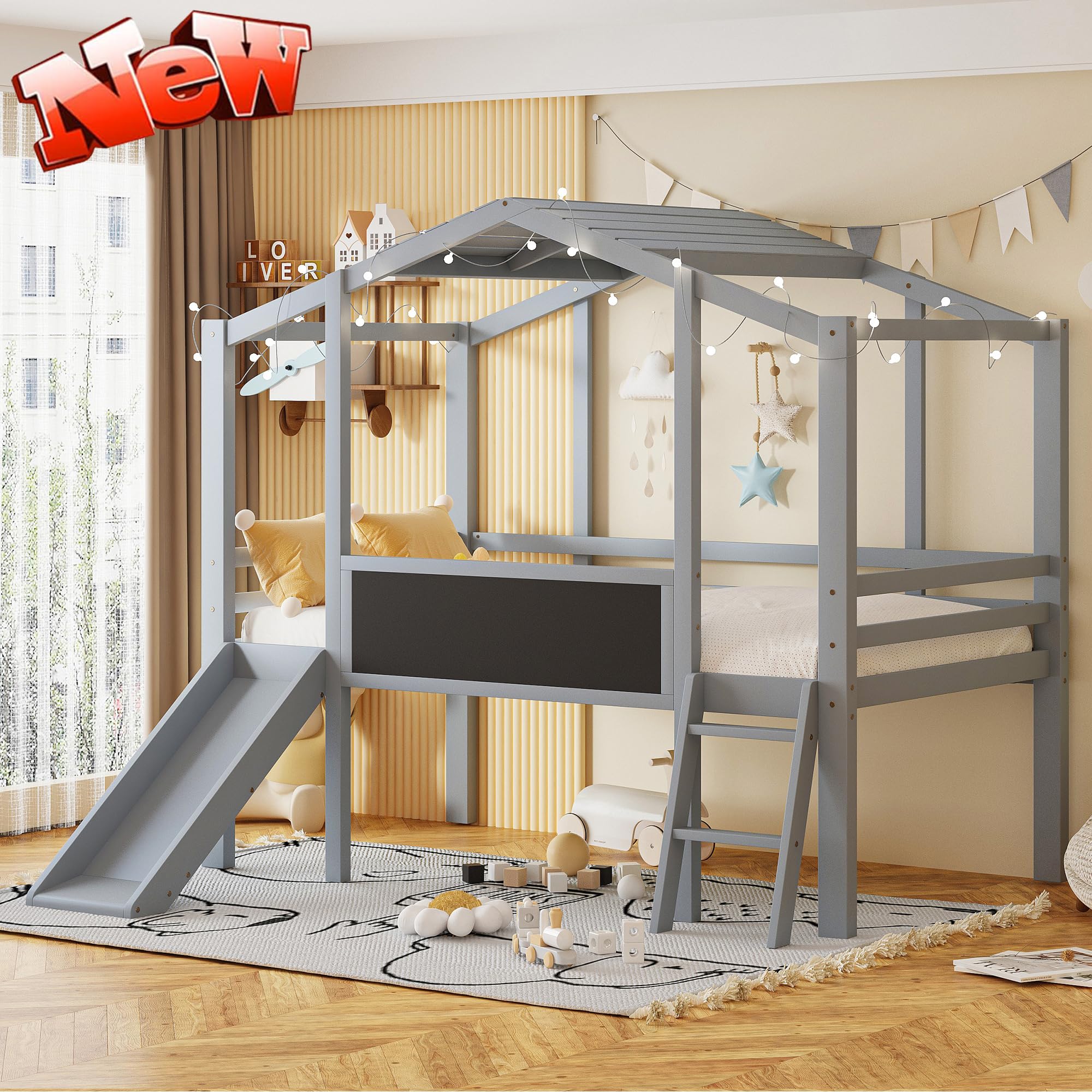 Harper & Bright Designs Twin Size Kids Loft Bed with Slide, LED Lights & Blackboard - Wood Playhouse Loft Bed with Ladder & Slats Support for Boys & Girls - Perfect for Small Bedrooms, Playrooms & Kids' Sleepovers (Gray)
