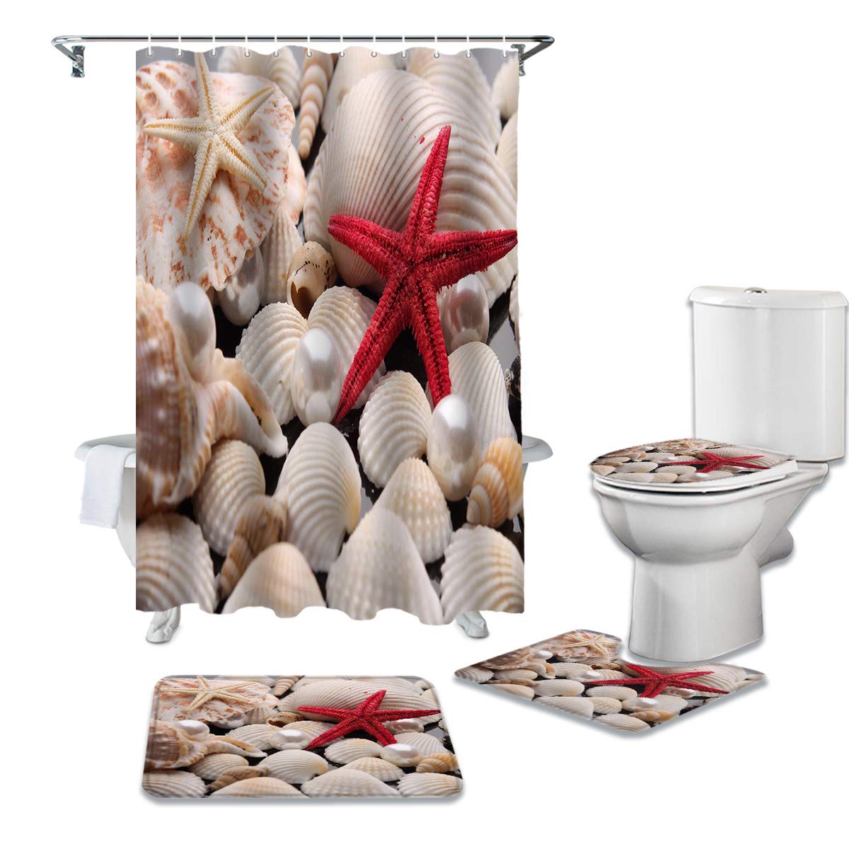 4-Piece Shower Curtain Set with Non-Slip Bathroom Rugs - Ocean Life Seashell & Pearl Design Toilet Lid Cover & Bath Mat - Waterproof Coastal Beach Decor for Bathroom & Guest House