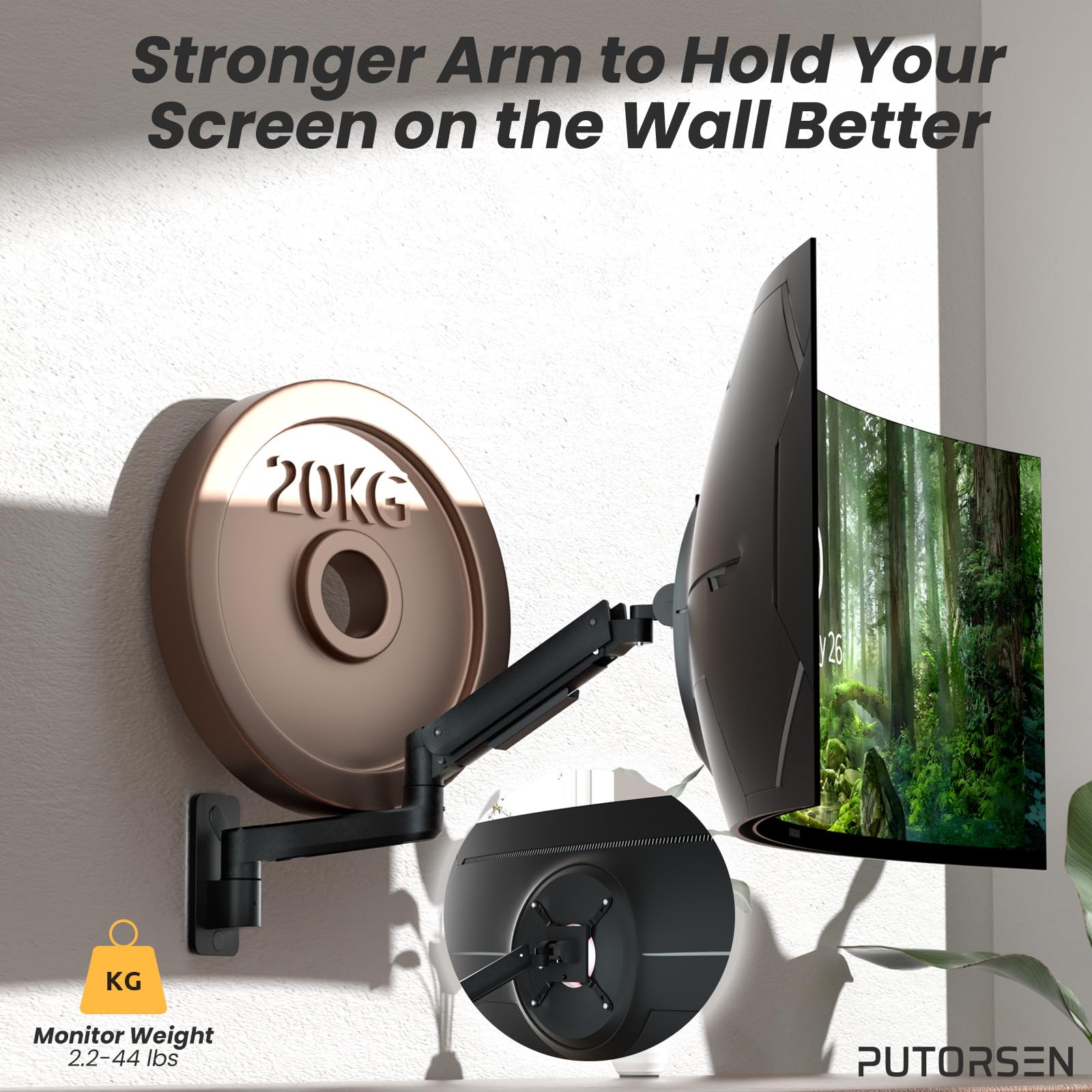 PUTORSEN Premium Ultrawide Monitor Wall Mount 17-49 inch - Heavy Duty Single Monitor Arm Supports up to 44lbs - Fully Adjustable VESA 75/100/200 Wall Mount Stand (Black) - Perfect for Home Office, Gaming Setup & Workspace Ergonomics