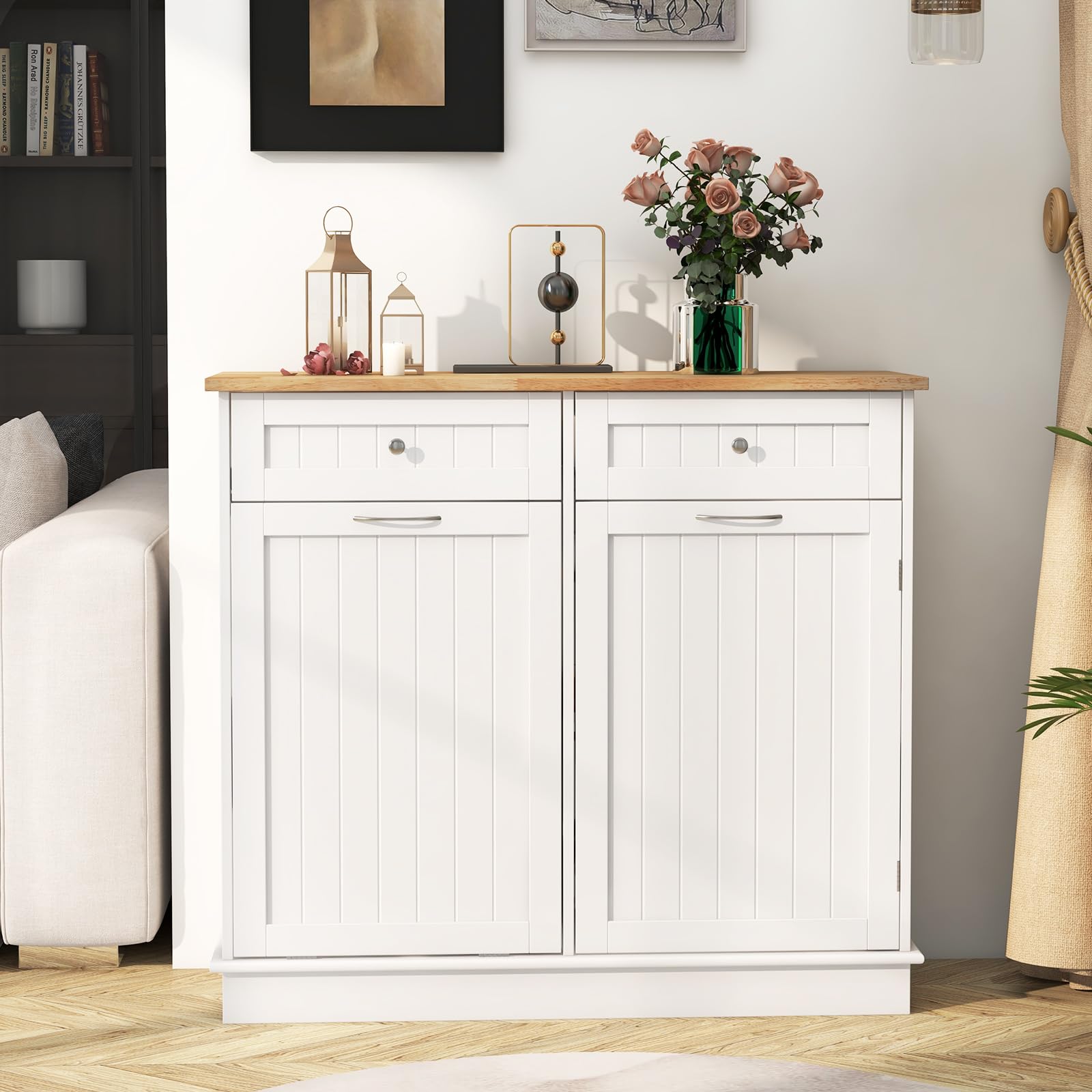 Giantex 15.5 Gallon Kitchen Trash Cabinet with Tilt-Out Bin - White Rubber Wood Countertop, 2 Large Drawers & Adjustable Shelf - Waste & Recycling Organizer for Kitchen Island, Pantry or Utility Room Storage