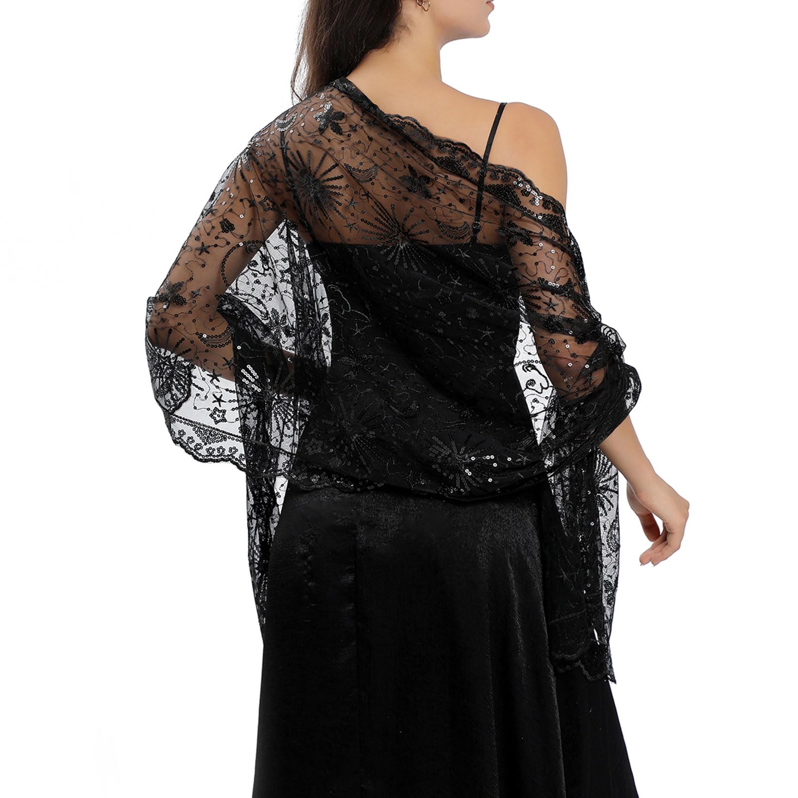Ladiery Sequin Stars & Moons Shawls - Sparkly Sheer Mesh Wrap for Women | Evening Dresses, Wedding Party, Prom Night Accessories