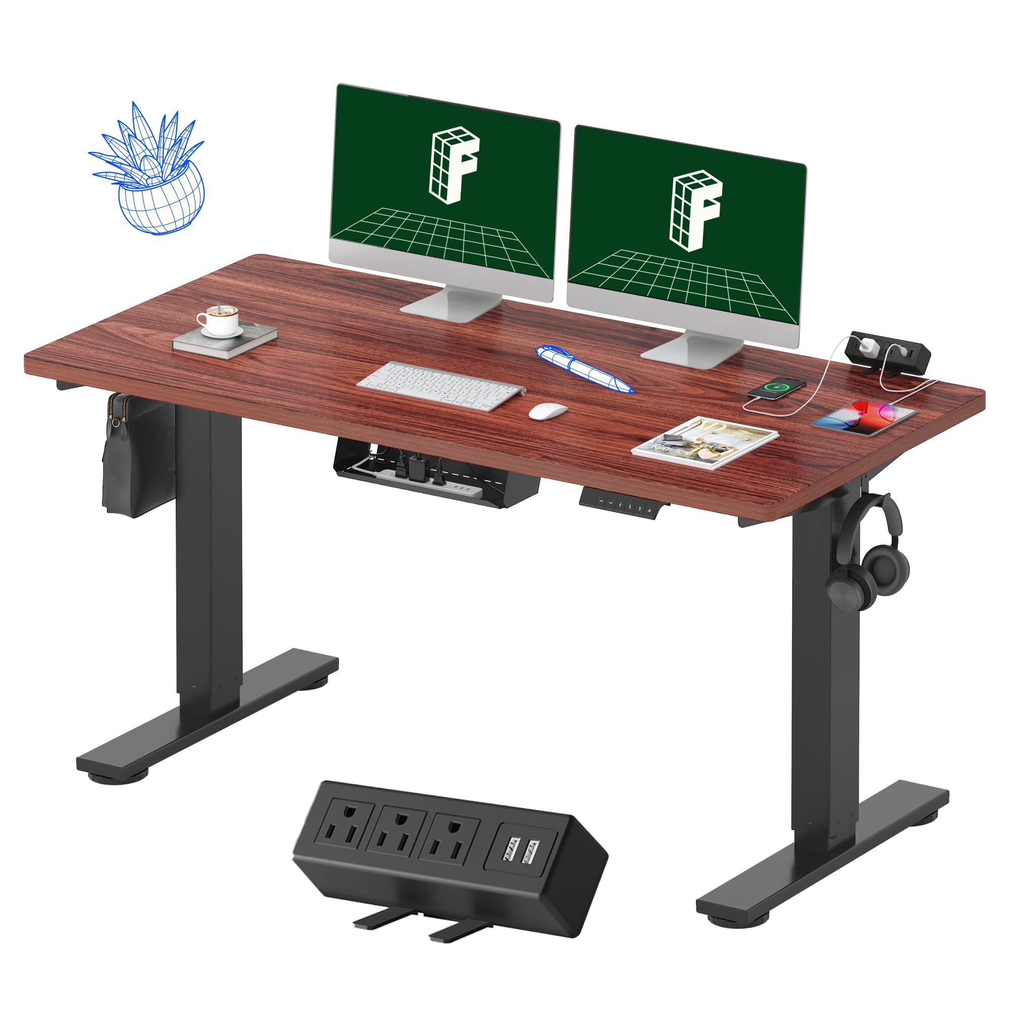 FLEXISPOT EN2 Electric Standing Desk 55 x 28 Inches - Adjustable Height Whole-Piece Stand Up Desk with Clamp Power Strip & Cable Management (Black Frame, Mahogany Top) - Perfect for Home Office, Gaming & Workspace Setup