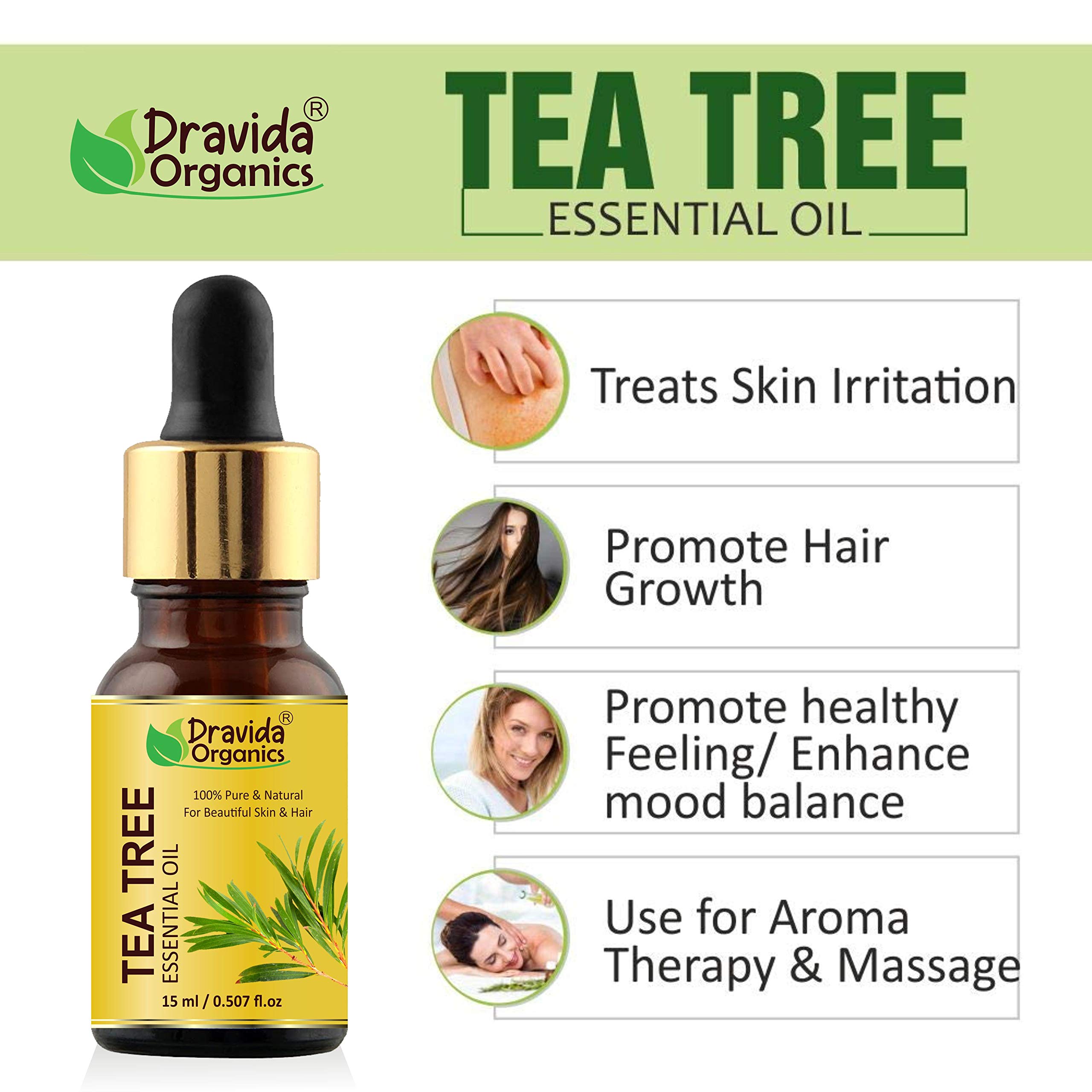 Dravida Organics Tea Tree Essential Oil - 100% Pure & Organic for Aromatherapy, Skin Care, Hair Growth - Natural Remedy for Acne, Dandruff, Stress Relief - 15ml Bottle - Perfect for Diffusers, Massage, DIY Beauty Products