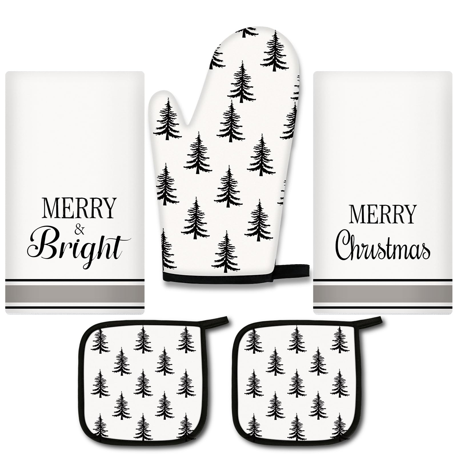 5-Piece Neutral Christmas Kitchen Towel Set - Oven Mitts & Pot Holder with Modern Xmas Tree Design - Farmhouse Holiday Decor (Black & White) - Perfect for Holiday Cooking, Baking & Festive Kitchen Decorating
