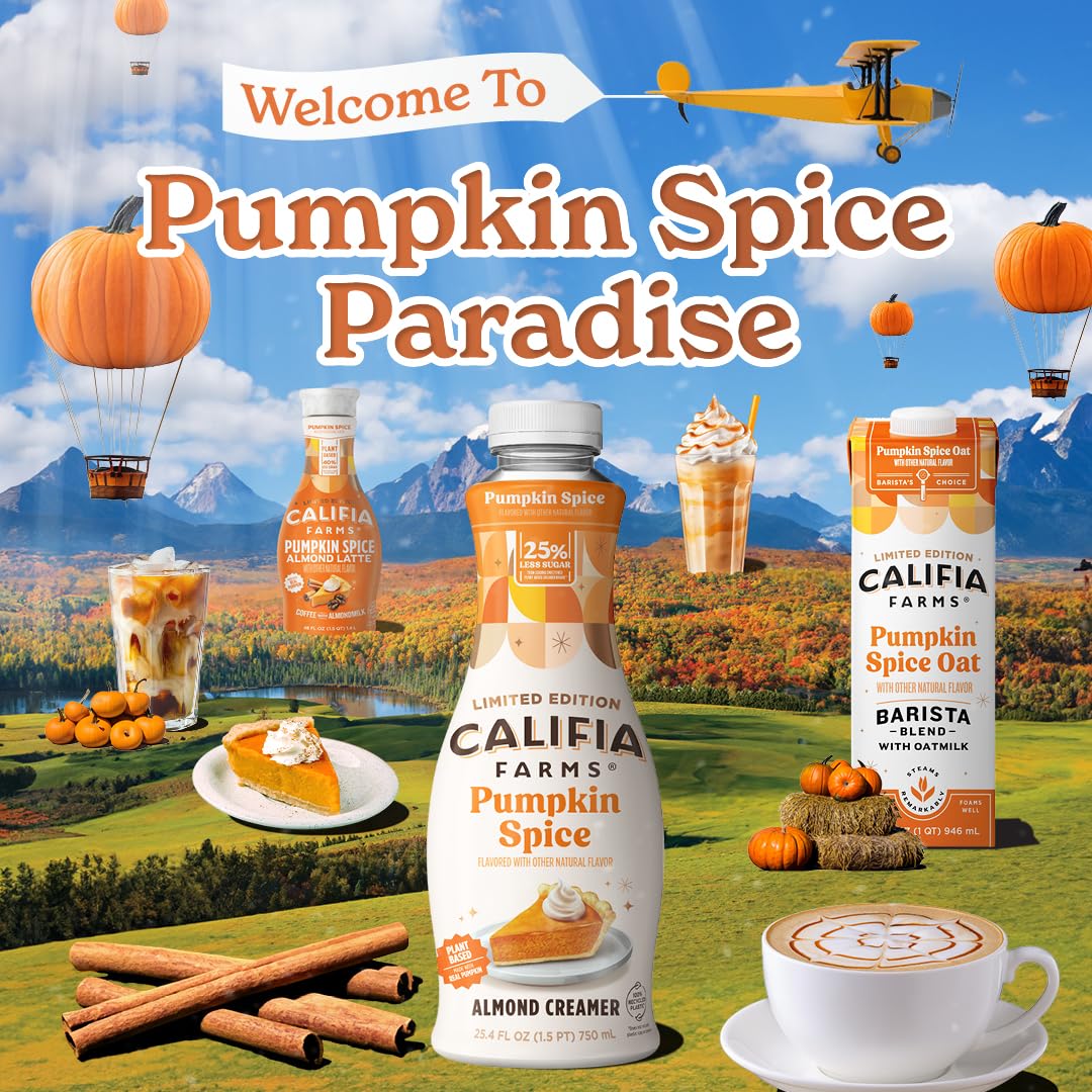 Califia Farms Pumpkin Spice Oat Barista Blend Oat Milk - 32 Oz (Pack of 6) | Shelf Stable, Dairy-Free, Vegan, Gluten-Free, Non-GMO Plant Based Milk | High Calcium Oatmilk for Coffee, Lattes & Baking | Perfect Milk Frother & Creamer Alternative