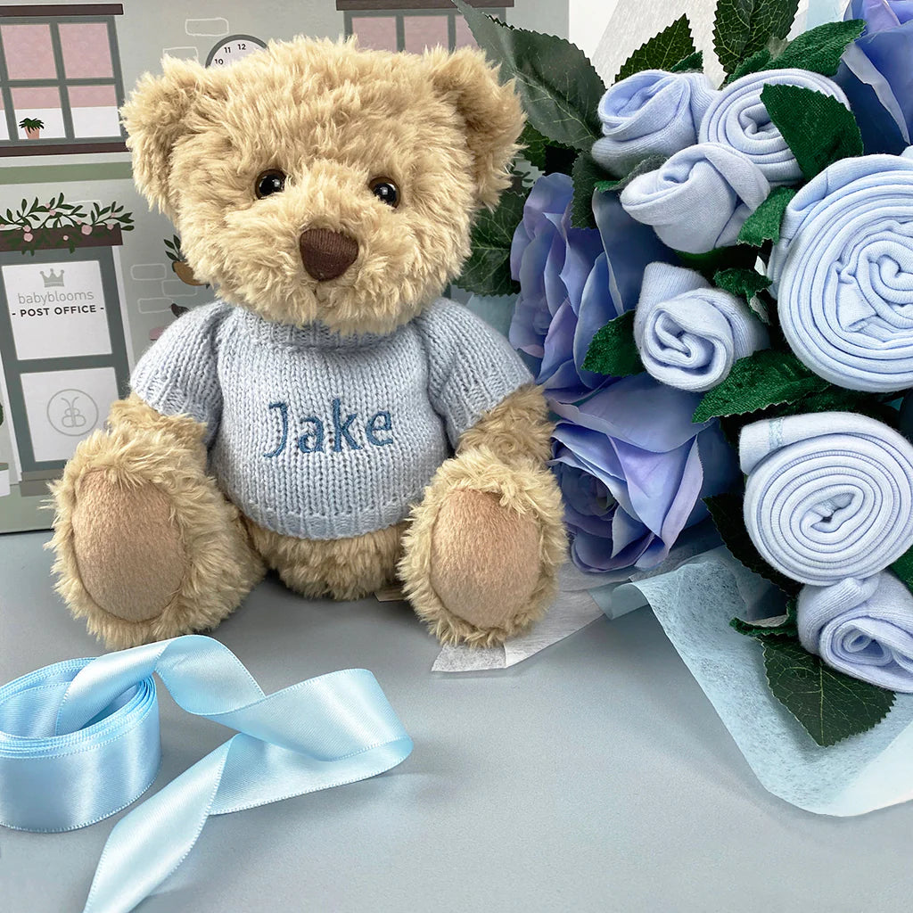 Personalized Bear & Luxury Bouquet Baby Boy Layette Set - Newborn Gift, Baby Shower Present, Christening Outfit - Perfect for Birthdays, Welcoming Newborns & Special Occasions - SKU: LBG1049