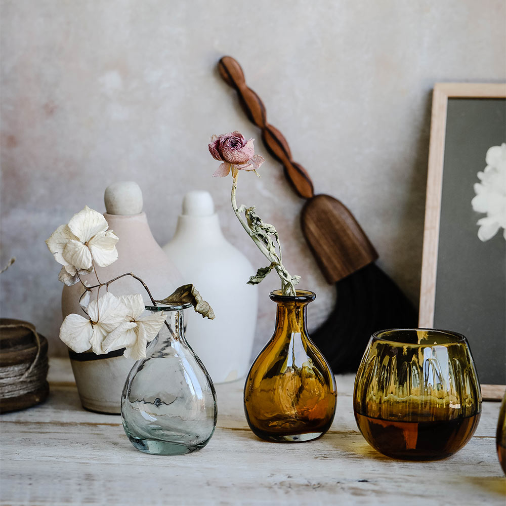 Handblown Glass Bud Vase - Small Amber Glass Vase for Flowers, Home Decor, Wedding Centerpieces & Table Decorations