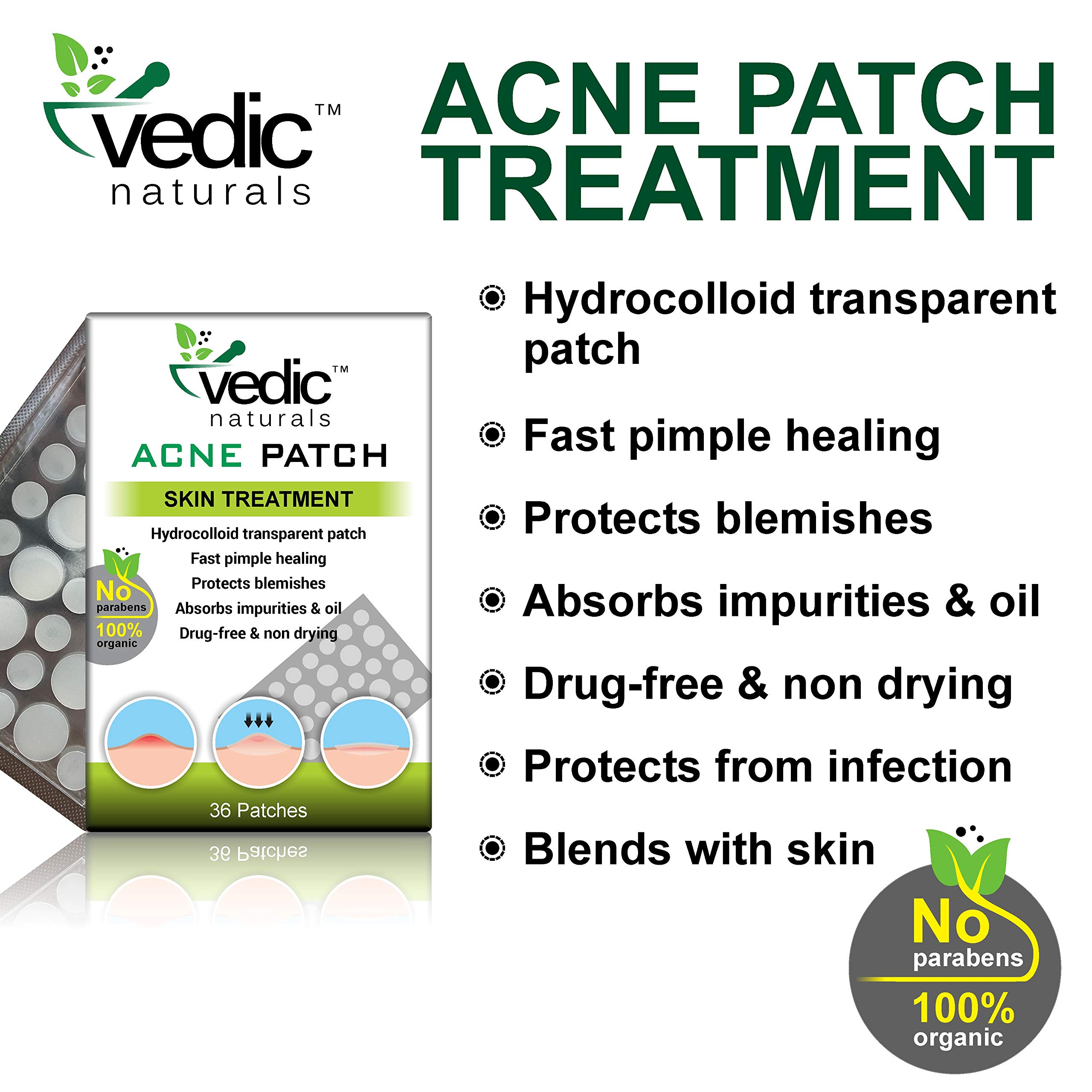 Vedic Naturals Hydrocolloid Acne Pimple Patches - 36 Count Transparent Face Stickers for Fast Pimple Healing | Skin Treatment Cover for Teens & Adults | Drug-Free, Non-Drying & Waterproof | Perfect for Overnight Spot Treatment & Daily Blemish Care