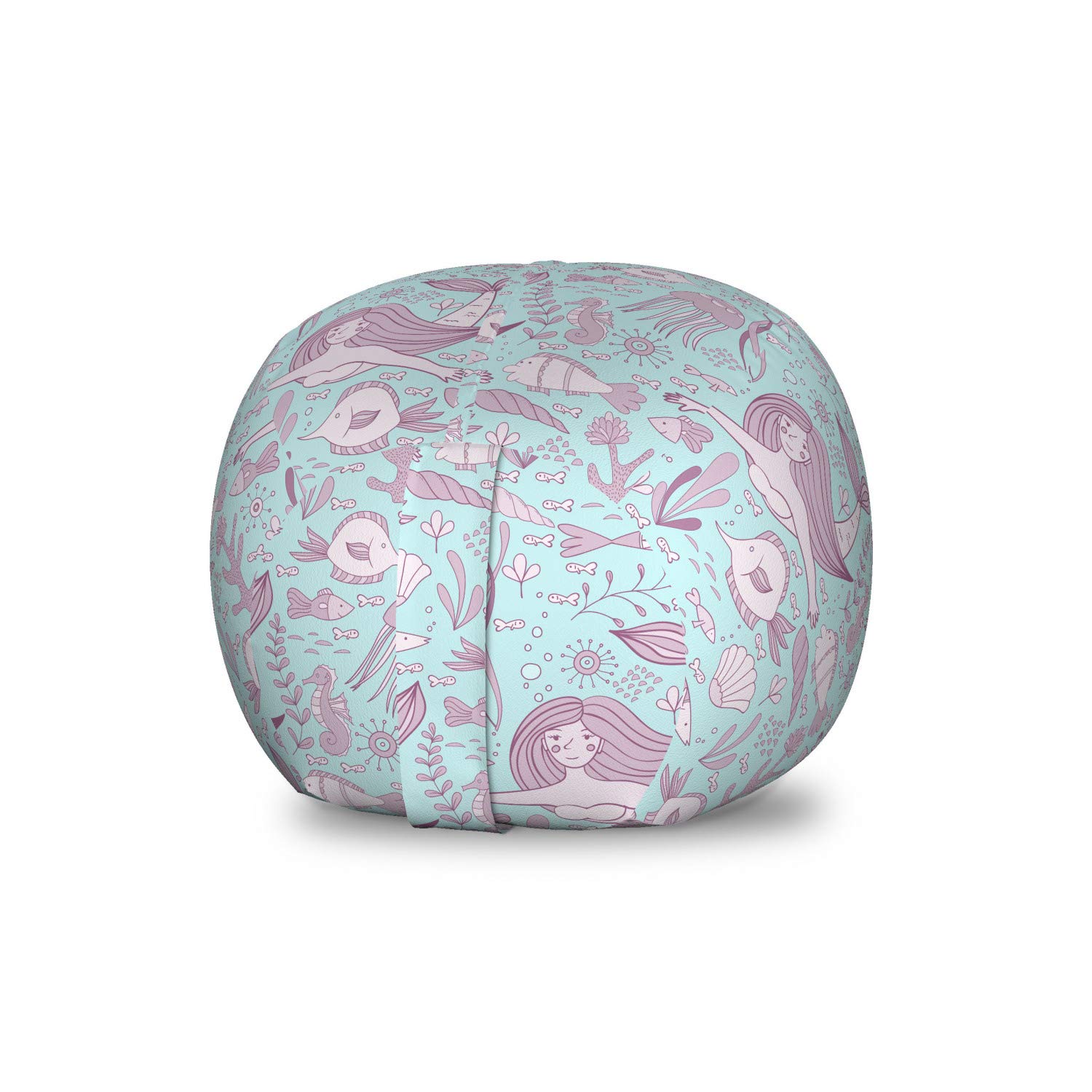 Ambesonne Nautical Toy Storage Bag Chair - Underwater Life Mermaid & Sea Animals Design - Washable Stuffed Animal Organizer - Small Size Pale Blue Grey Pink - Perfect for Kids' Room, Nursery or Playroom Organization