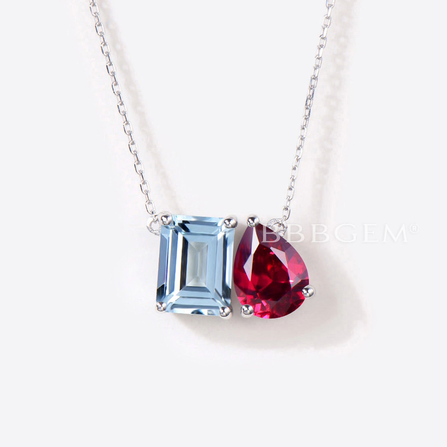 Natural Aquamarine and Ruby Toi Et Moi Necklace - Two Stone Pendant Jewelry for Women - Elegant Gift for Anniversary, Valentine's Day or Special Occasions