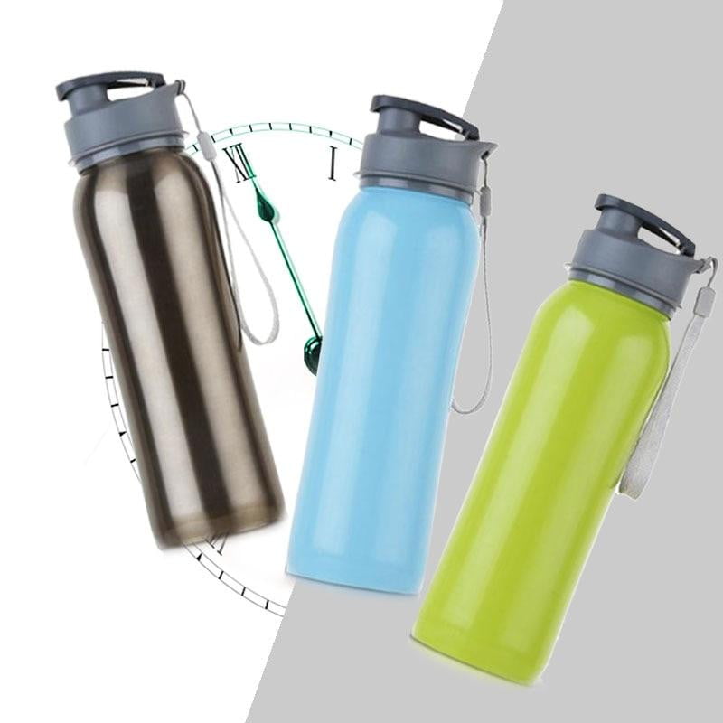 800ml Single Wall 304 Stainless Steel Sports Water Bottle - BPA Free Spring Lid with Portable Rope - Ideal for Hiking, Gym & Outdoor Activities