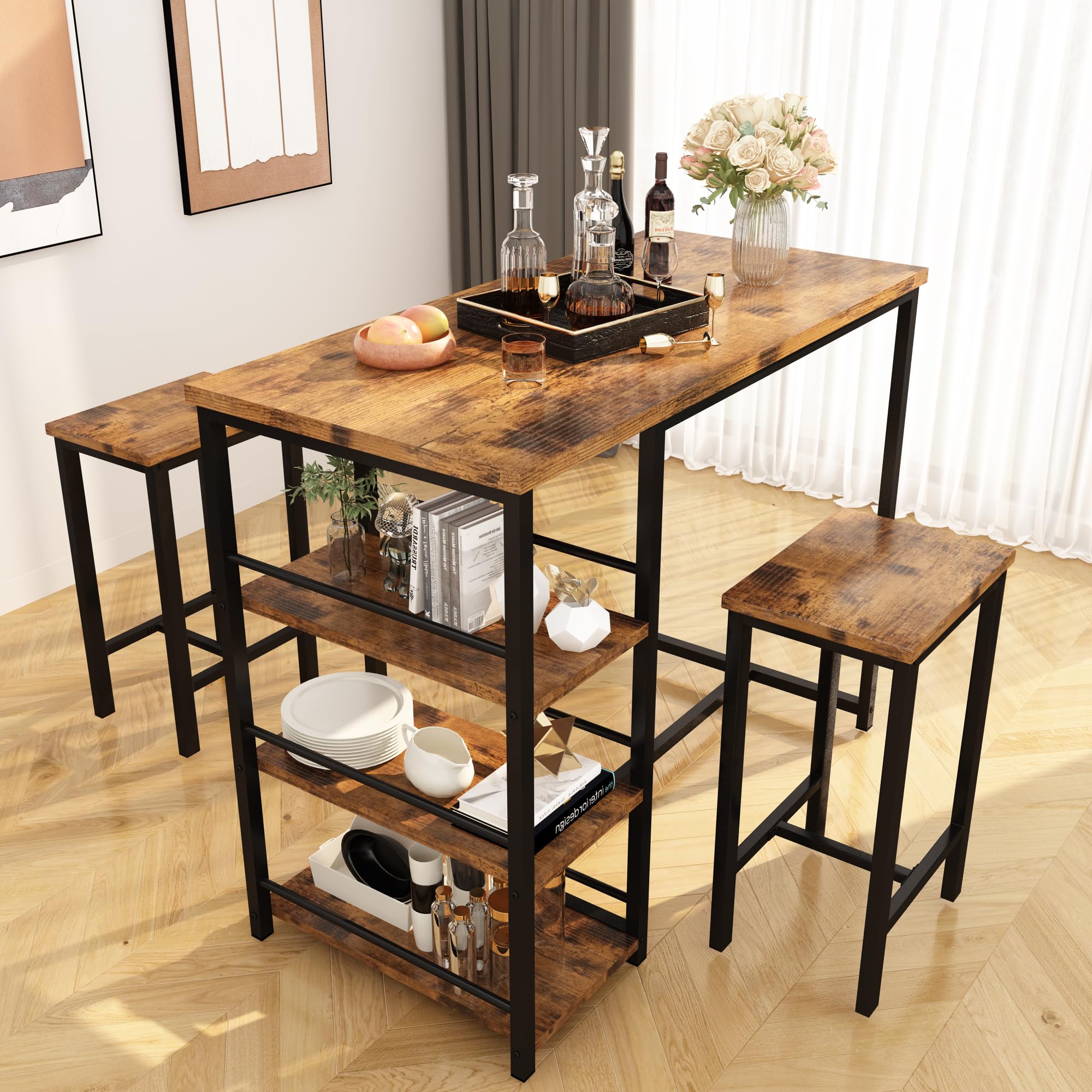 Vintage Brown Counter Height Pub Table Set for 2 with 2 Bar Stools & 3 Storage Shelves - Small Space Kitchen, Dining Room, Bar Furniture - Perfect for Apartments, Breakfast Nooks & Entertaining Guests