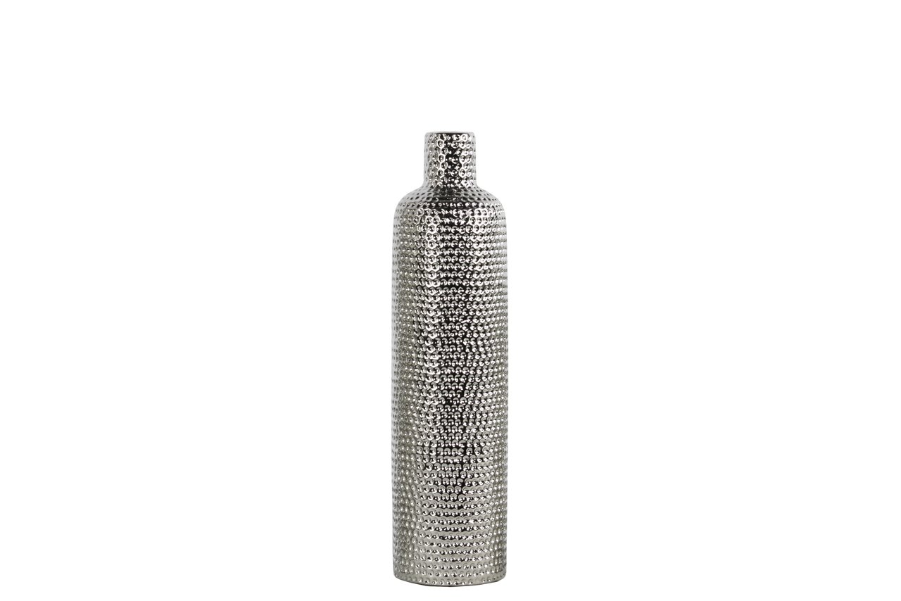 Chrome Silver Ceramic Vase with Elegant Neck & Cylindrical Dimpled Design - Medium Size Home Decor for Living Room, Dining Table & Wedding Centerpieces
