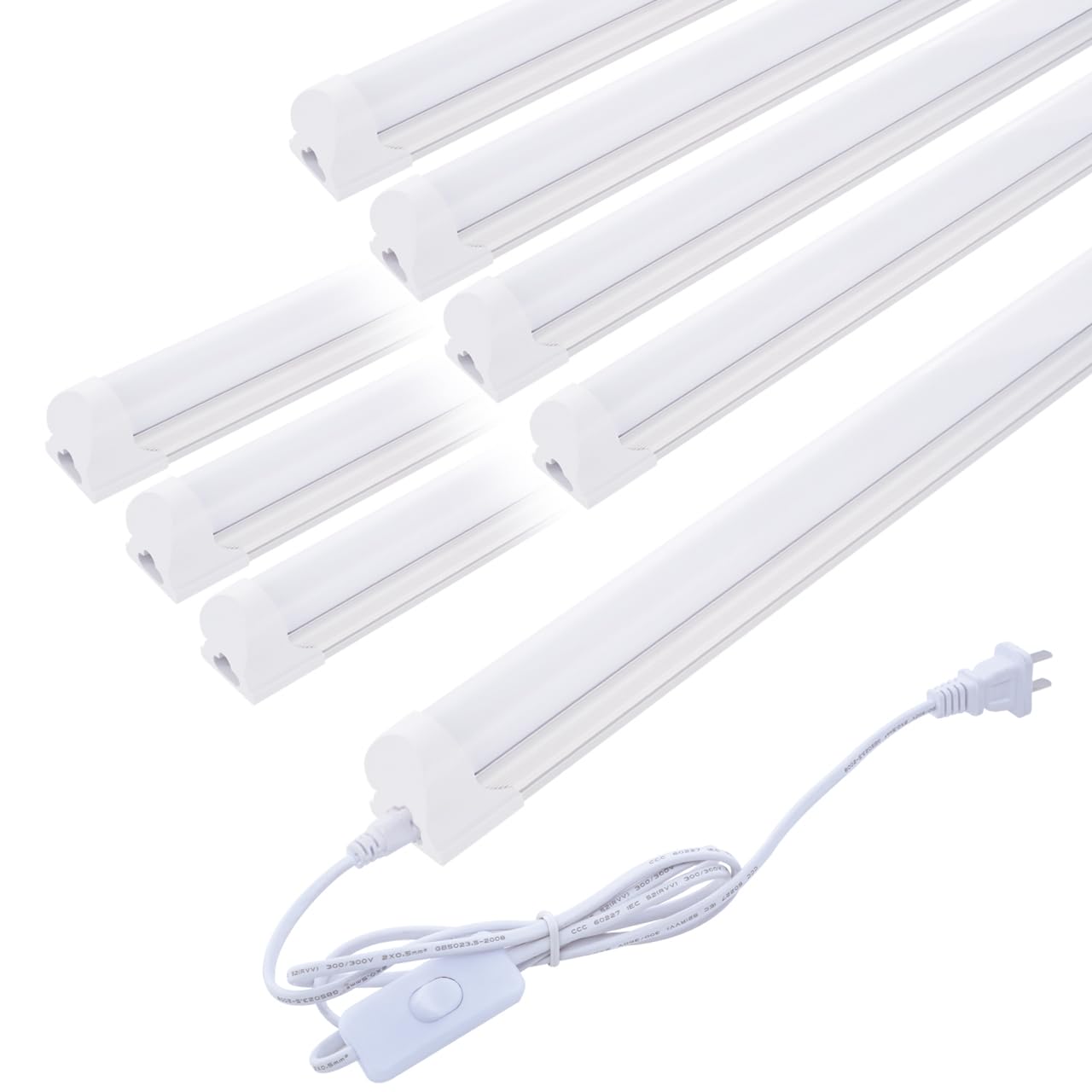 8 Pack 4FT LED Shop Light 24W T8 Integrated Tube Light with Milky Cover - 6000K Daylight White, ON/Off Switch Cable - Perfect for Household, Garage, Under Cabinet, Workshop, and Basement Lighting