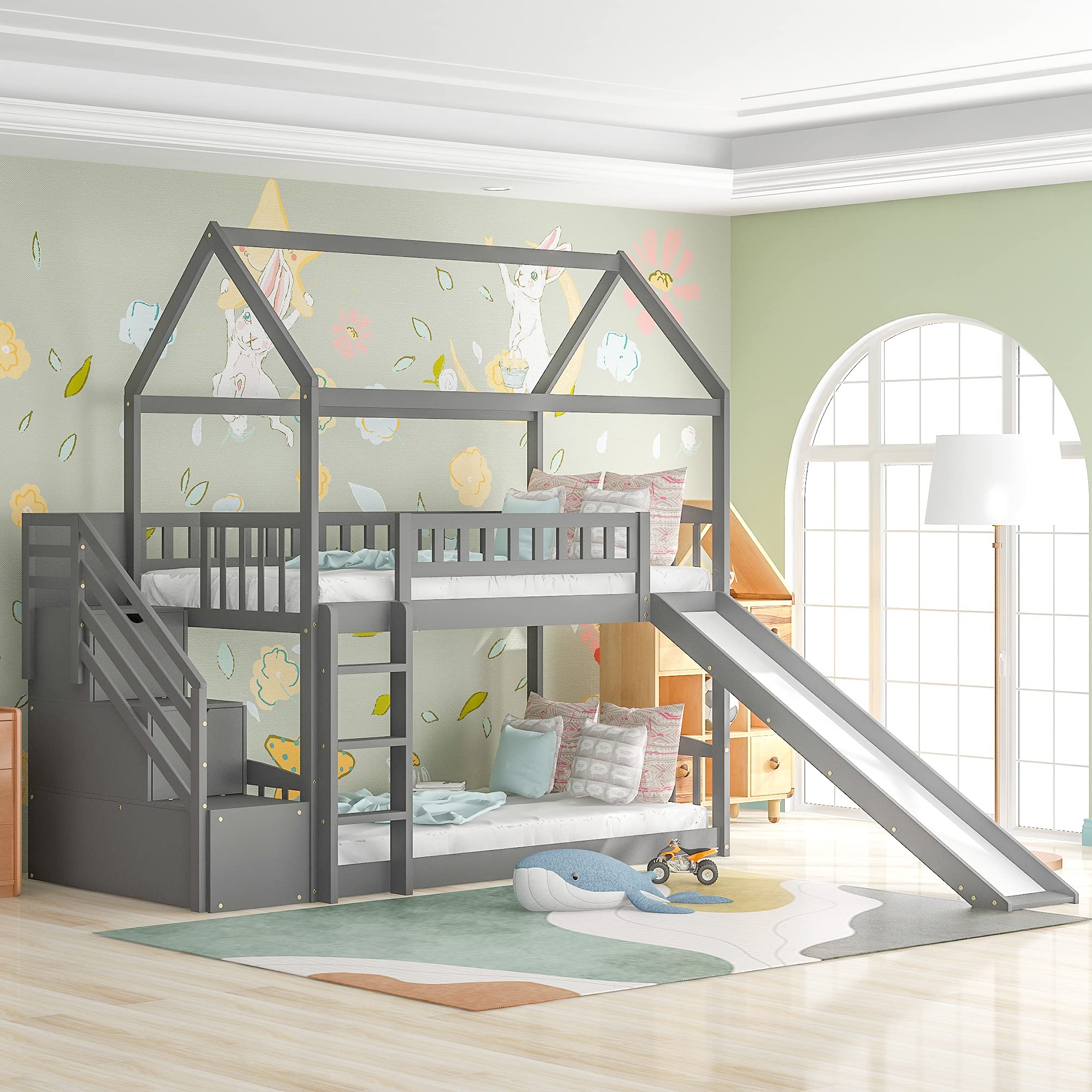 AOCOROE Twin Over Twin Wooden Bunk Bed with Slide, Stairs & Ladder - Low Profile Kids Bunk Bed Frame for Boys & Girls - No Bunkie Board Needed - Perfect for Small Bedrooms, Kids' Rooms & Shared Spaces