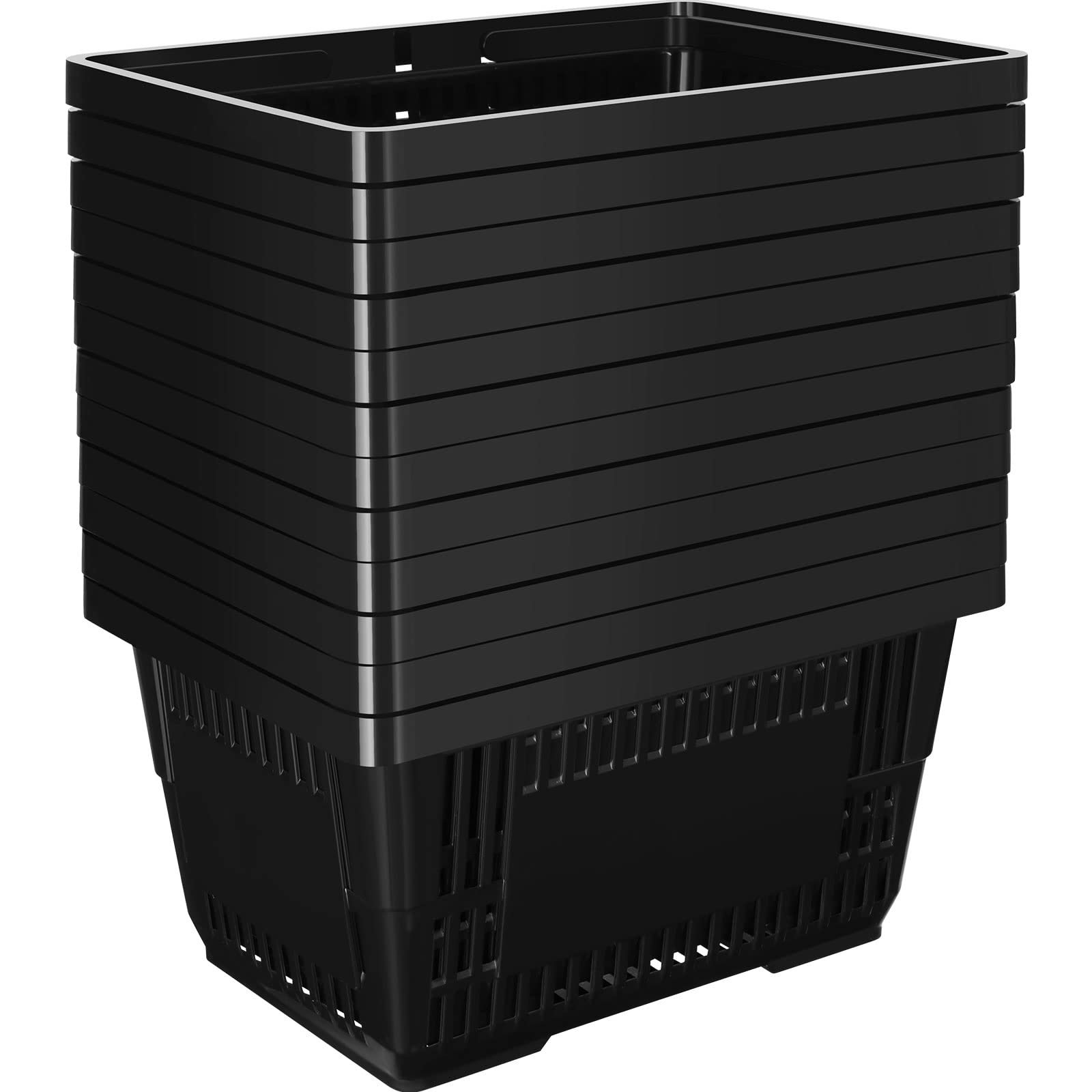 Macarrie 12 Pack 20L Plastic Shopping Baskets with Handles - 16.9 x 11.8 x 9.1 Inches, Durable Black Storage Bins for Grocery Store, Retail, Home Organization & Laundry Room