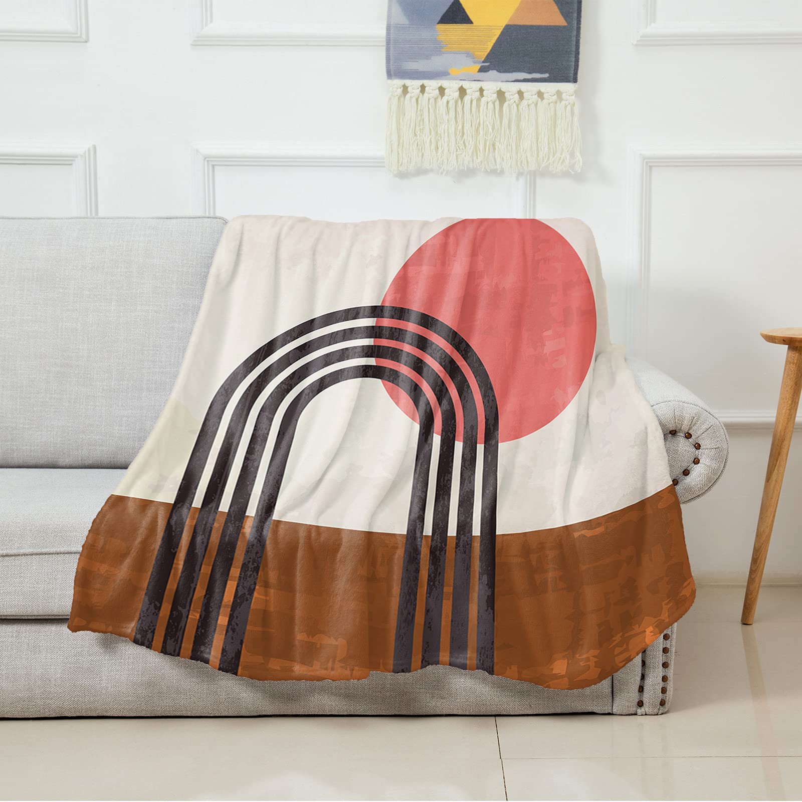 Red Sun Abstract Throw Blanket - Soft Flannel Fleece Microfiber Geometric Mid-Century Design - 40x60 Inch Cozy Blanket for Bed, Sofa, Couch, Chair & Camping - Perfect Gift for Home Decor & Warmth