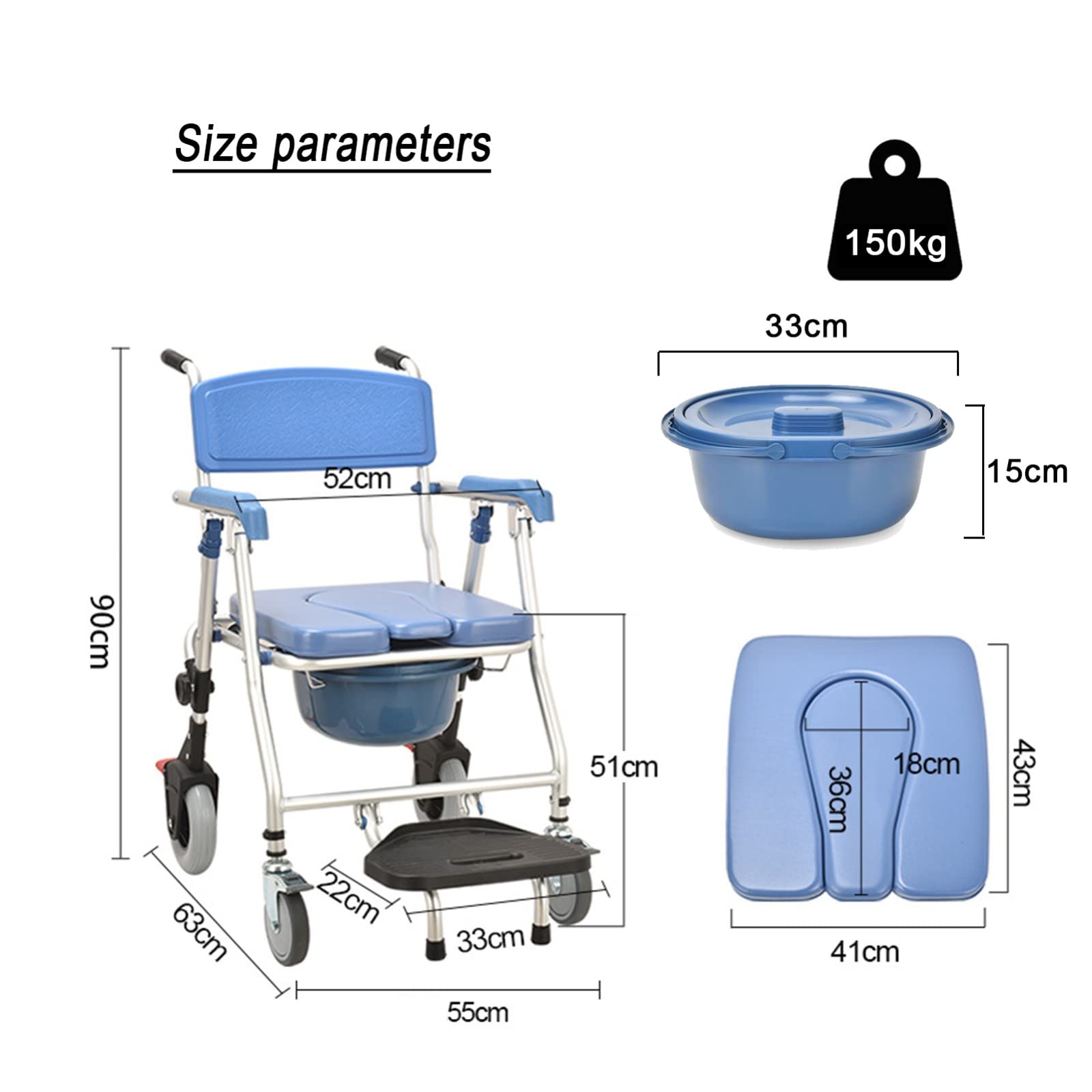 Foldable Shower Commode Chair with Wheels & Arms - Portable Aluminum & Plastic Rolling Toilet Wheelchair for Elderly & Disabled - Ideal for Bathroom Safety & Mobility Assistance