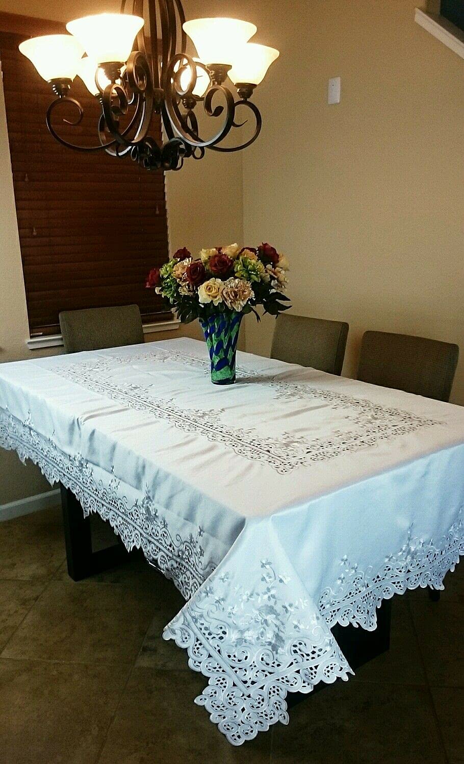 72x144 Inch White Rectangle Cutwork Embroidered Tablecloth Set - Elegant Washable Table Cover for Wedding, Passover & Buffet Parties - Perfect for Dining Table Decor and Special Occasions