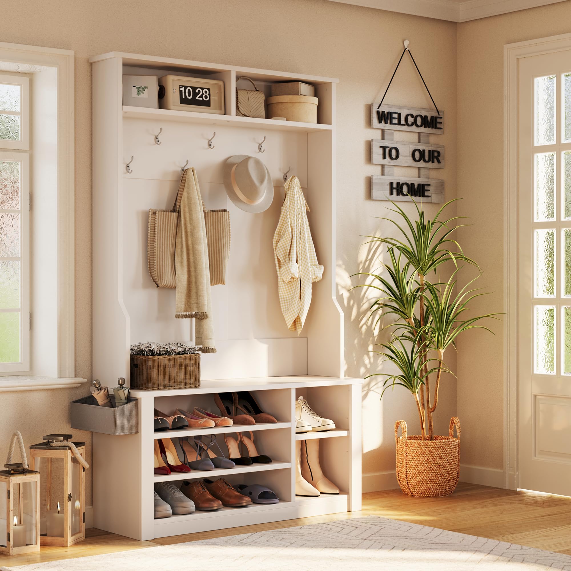 Aiho 3-in-1 Entryway Hall Tree with Bench, Coat Rack & Adjustable Shoe Storage | 2-Tier Top Shelf | White | Perfect for Organizing Entryways, Hallways & Mudrooms | Space-Saving Home Decor Solution