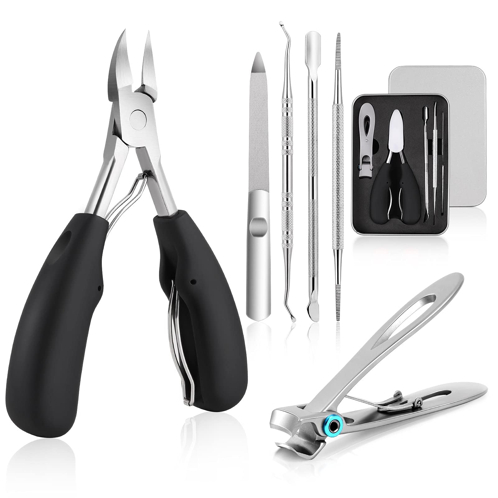 Azymi Heavy Duty 6-in-1 Toenail Clippers Set for Thick & Ingrown Nails - Sharp Curved Blades, Wide Jaw Opening, Soft ABS Handle - Perfect for Men & Women Pedicure, Elderly Foot Care & Diabetic Nail Trimming